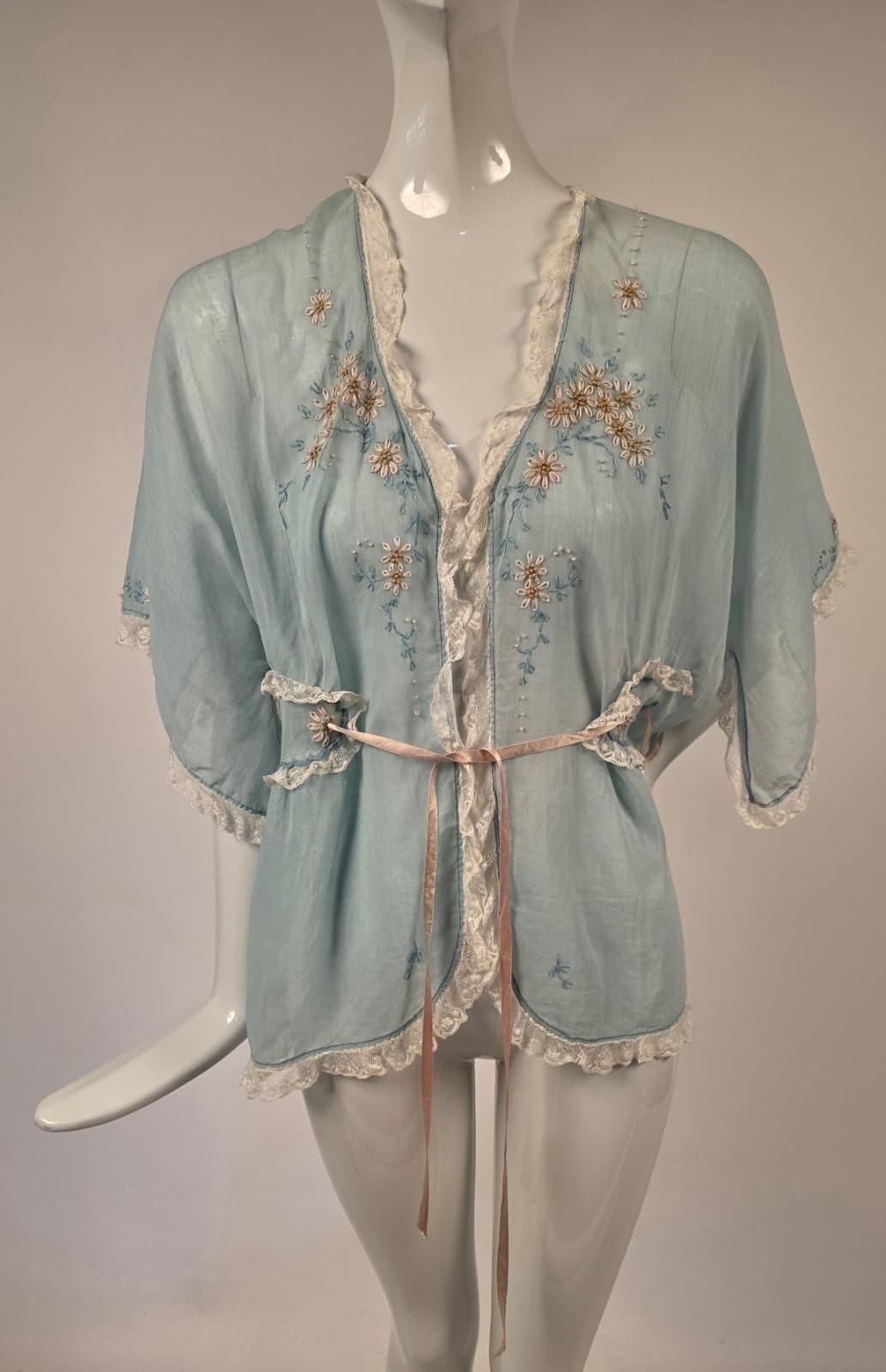 SWEET FLAPPER 1920’S BABY BLUE MUSLIN JACKET W HAND EMBROIDERED FLORALS
