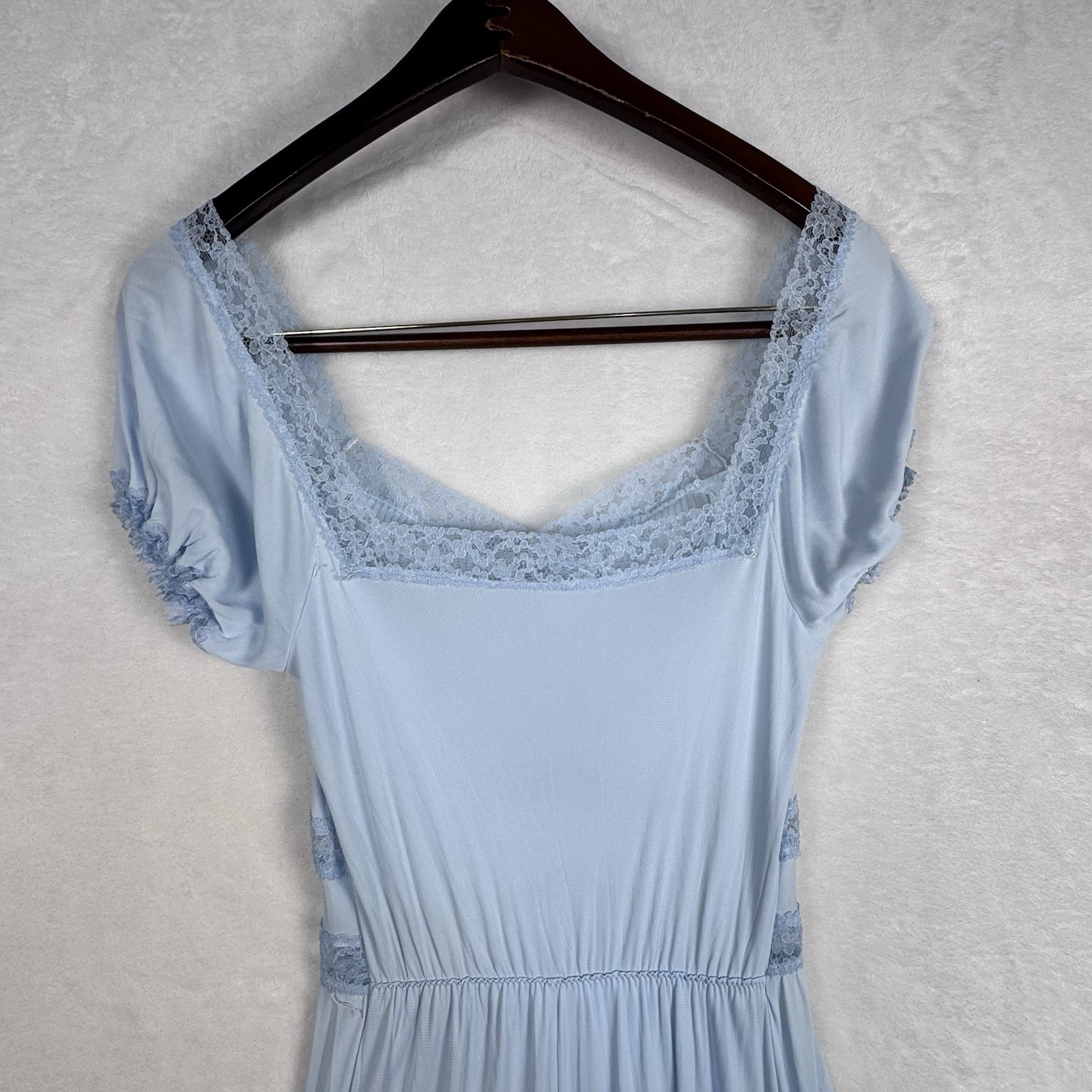 Vintage Charmode Blue Acetate Tricot Nightgown Lace Maxi Gown 32 USA
