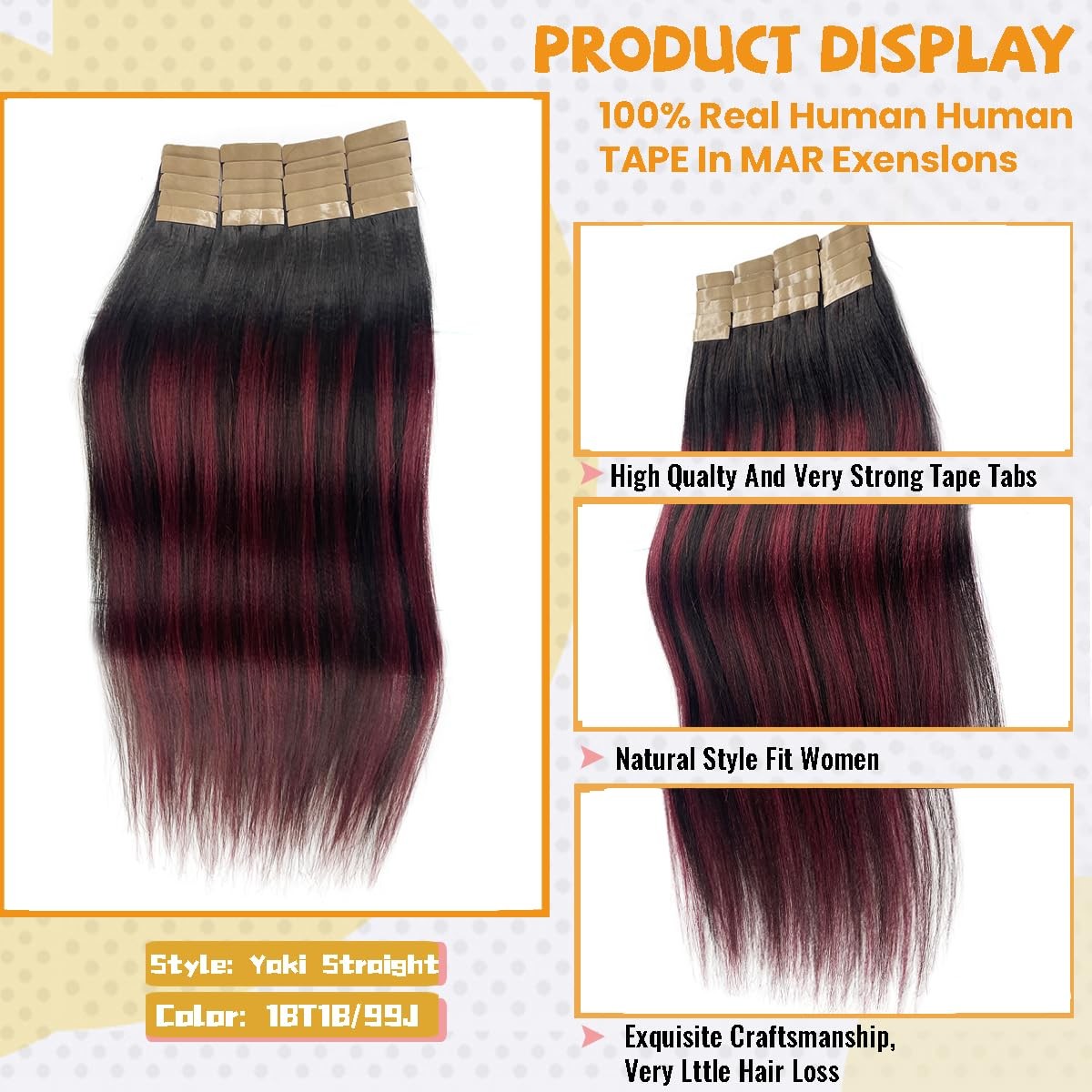 Human Hair Tape-in Extensions Black Remy Yaki Straight Seamless Balayage