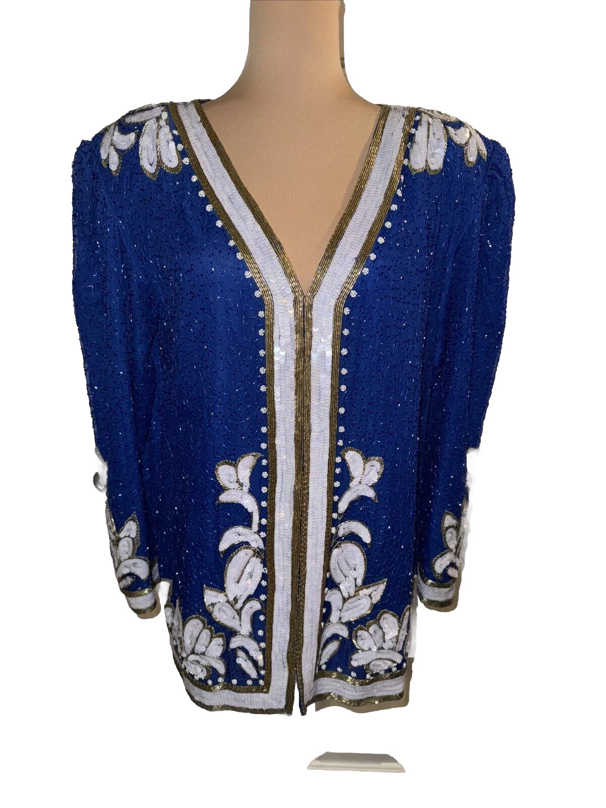 Vintage 80&rsquo;s Women&rsquo;s Jacket Beaded Evening Blue White Gold Silk Medium