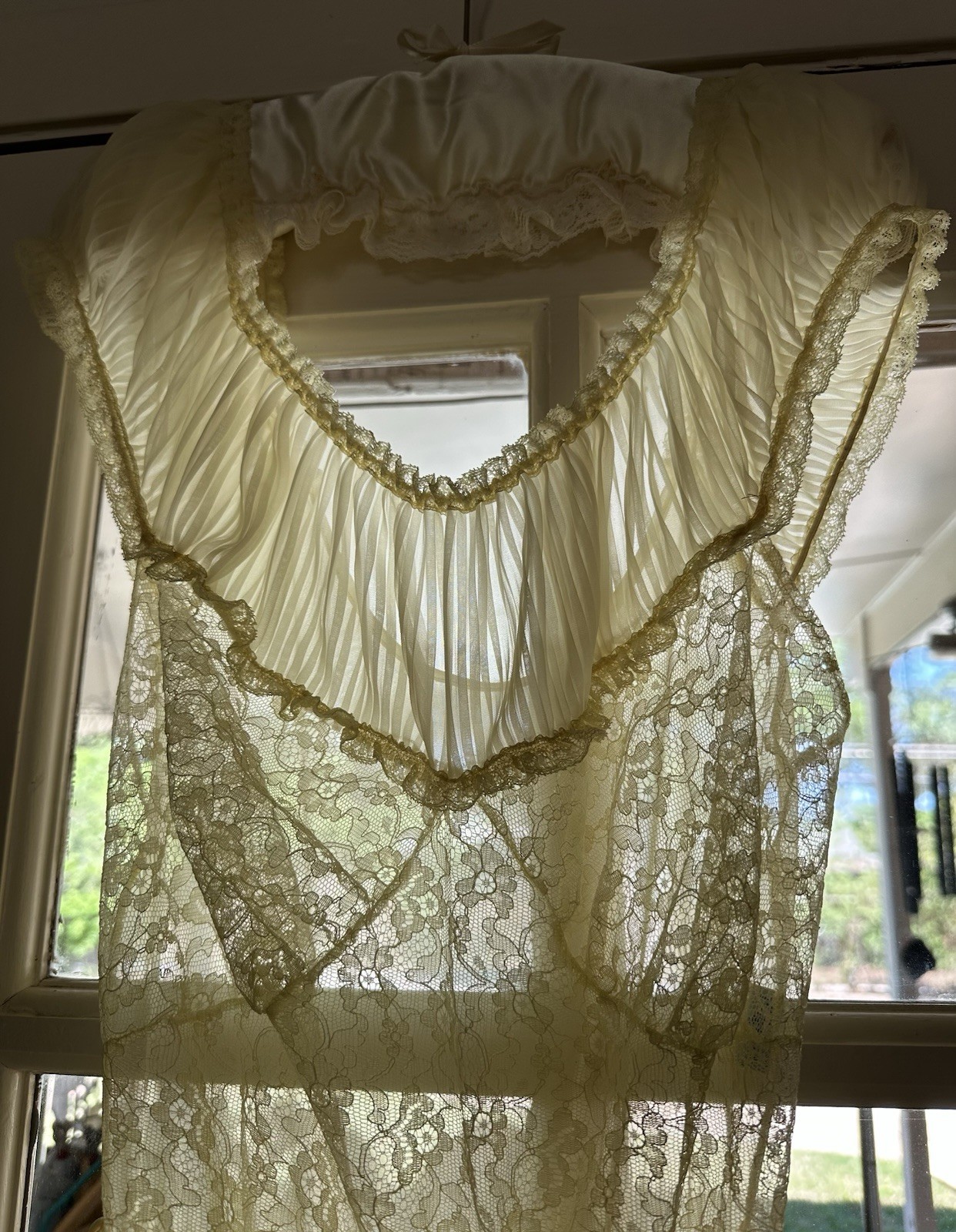 1970s Edwards Yellow Lace Nylon Gown Pleated Prairie Romantic Maxi Dress VTG