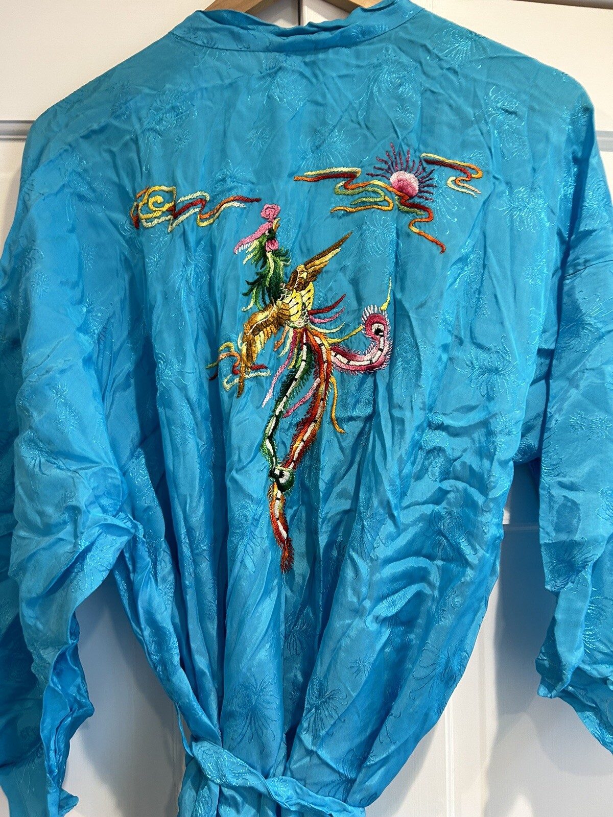 Vintage Golden Bee Blue Rayon Embroidered Dragon Kimono Robe Women’s L EUC