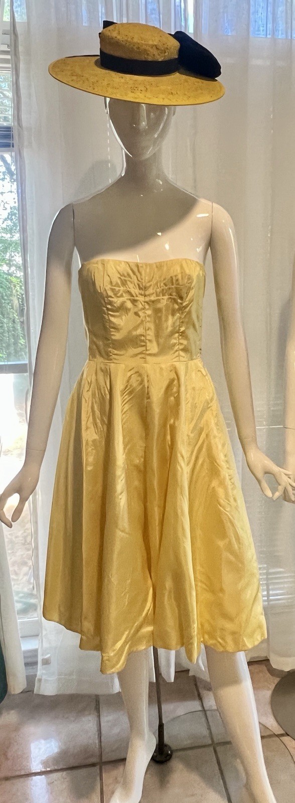 Vintage Buttercream Lined Yellow Strapless Satin Darted Boned Bust Circle Dress