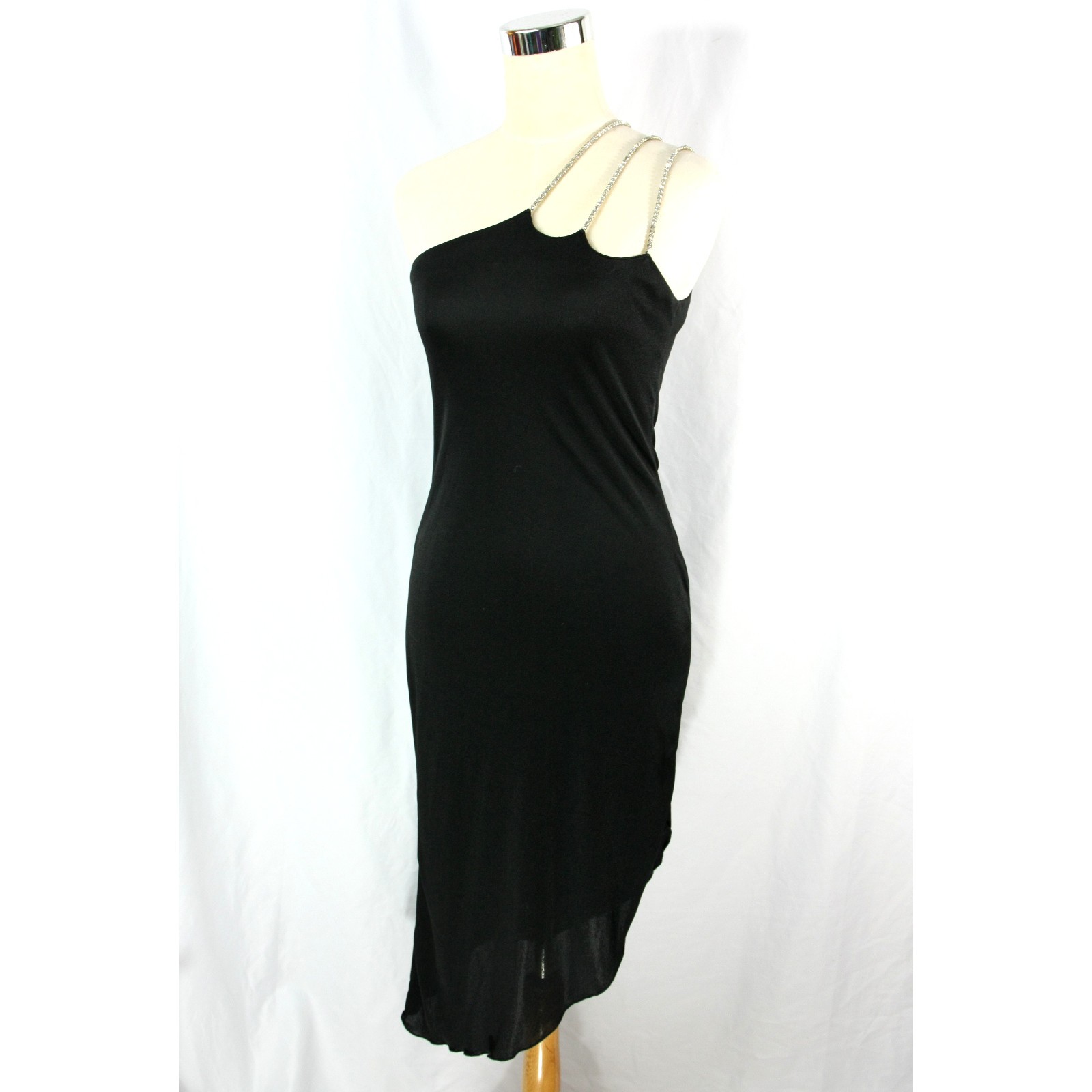 Vintage One Shoulder Rhinestone Asymmetrical Hem Bodycon Cocktail Party Dress S