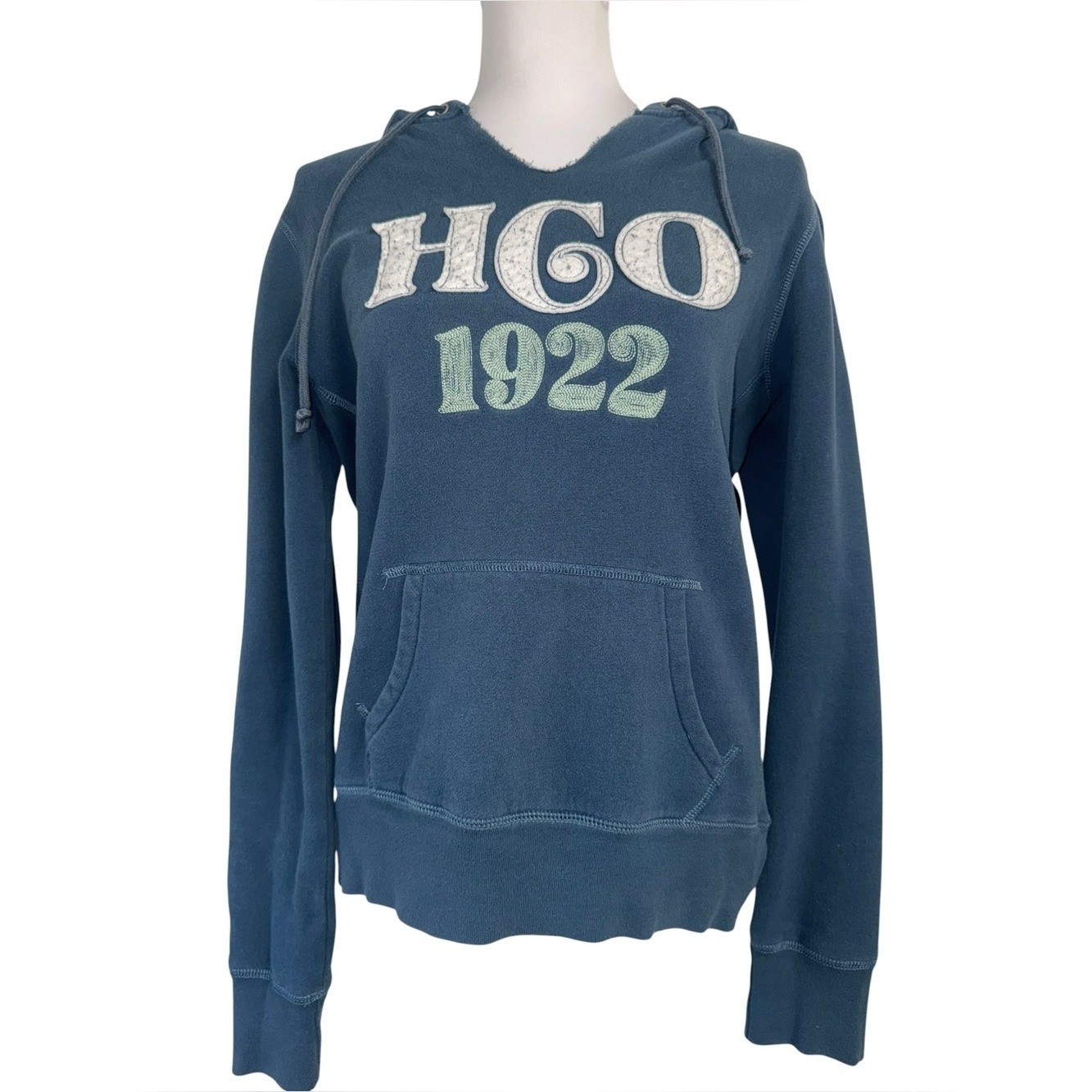 VTG Hollister HCO 1922 Hoodie XL Blue Pullover Pocket Distressed Y2K