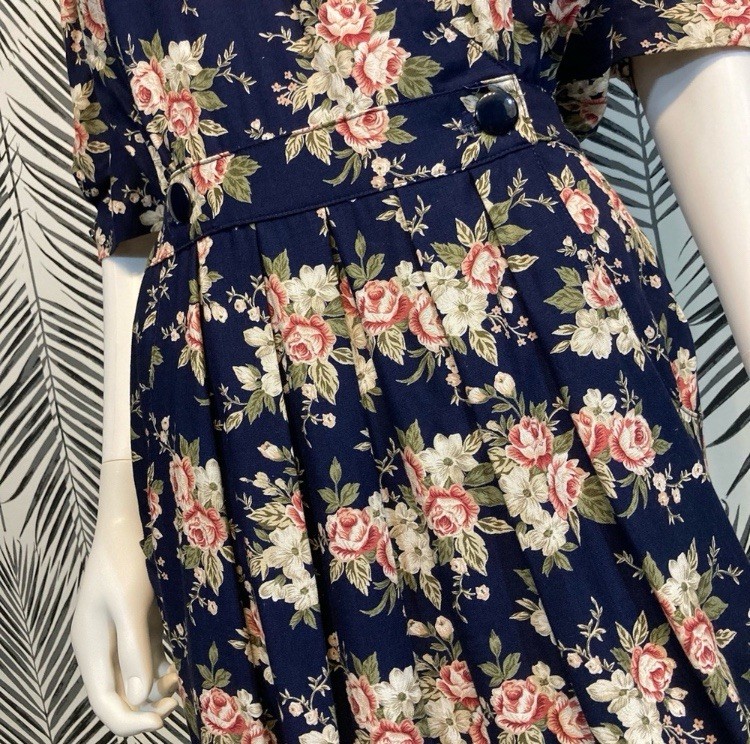 Vintage 1980’s Dark Floral Rose Print Midi Dress, Navy Blue and Pink, Size 12