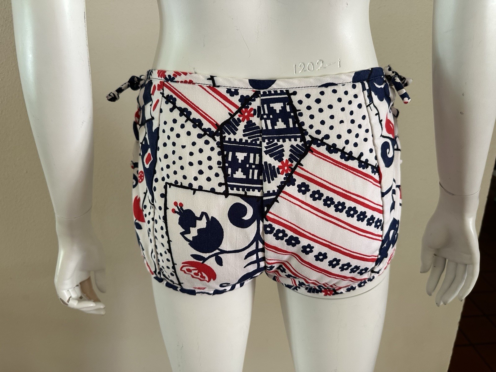 1960s Patchwork Print Lace Up Swim Bottoms Hot Pants Mod Floral Polka Dot S VTG