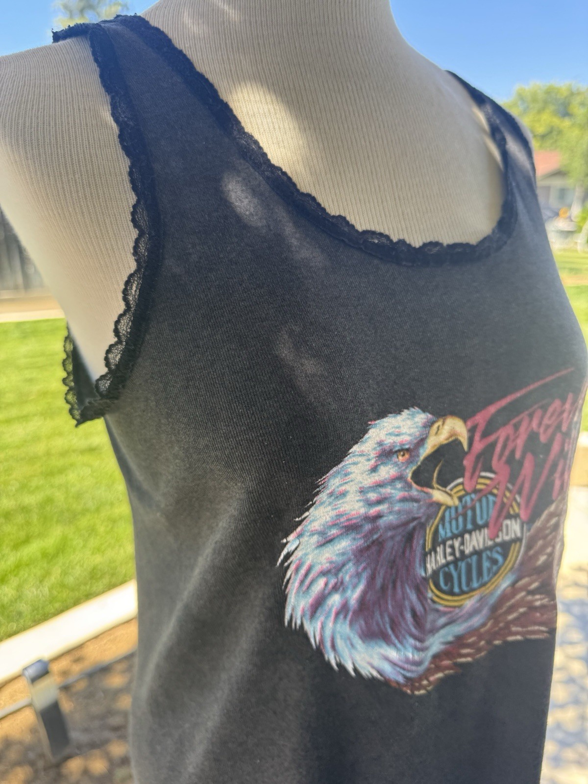 Vintage Harley Davidson Vintage 3D Emblem Black Lace Tank Top Forever Wild XL