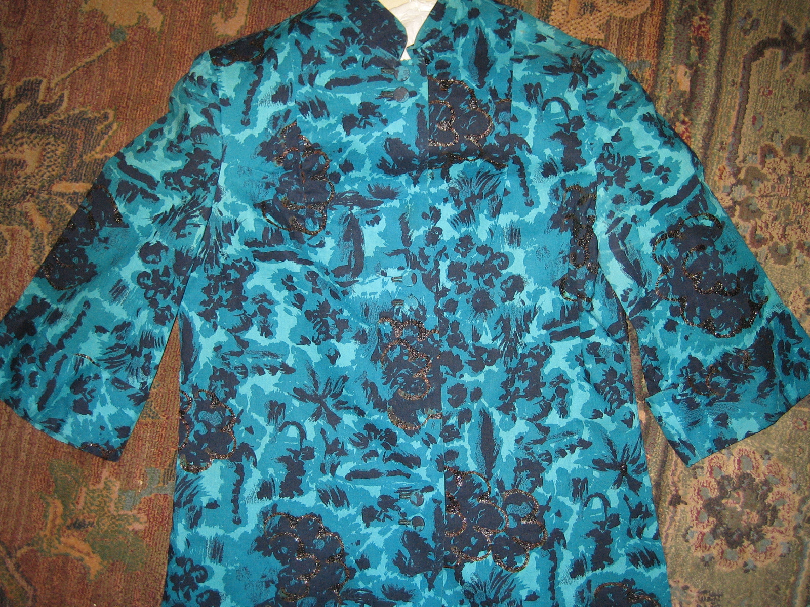 Vintage, Teal/Black Mandarin Collar Button Front 3/4 Sleeve Mini Dress/Tunic.