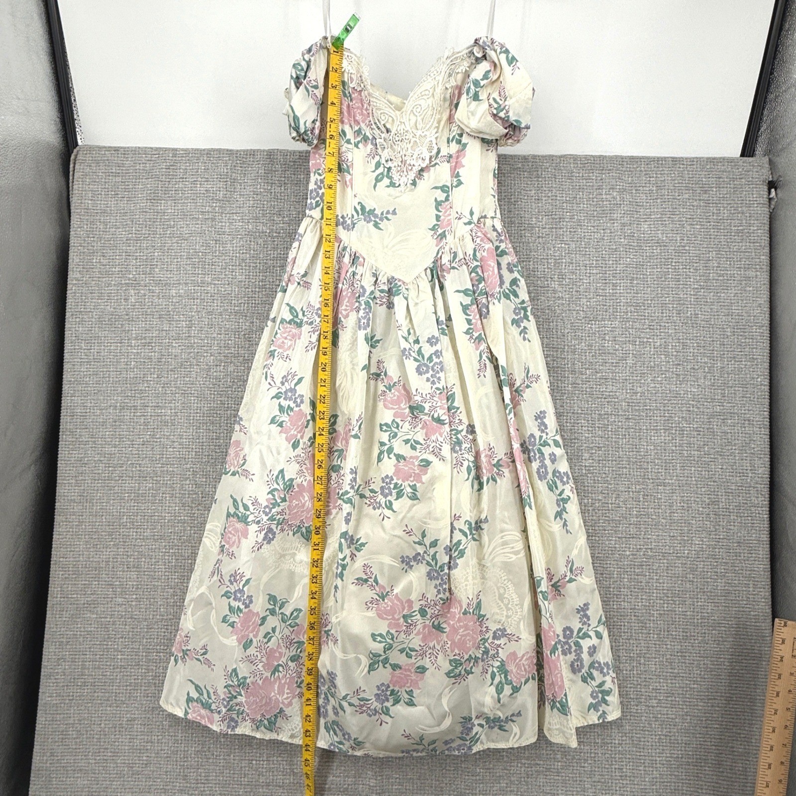 Vtg Scott McClintock Floral Dress Sz 6 Puff Sleeve Lace Cottage Coquette Basque