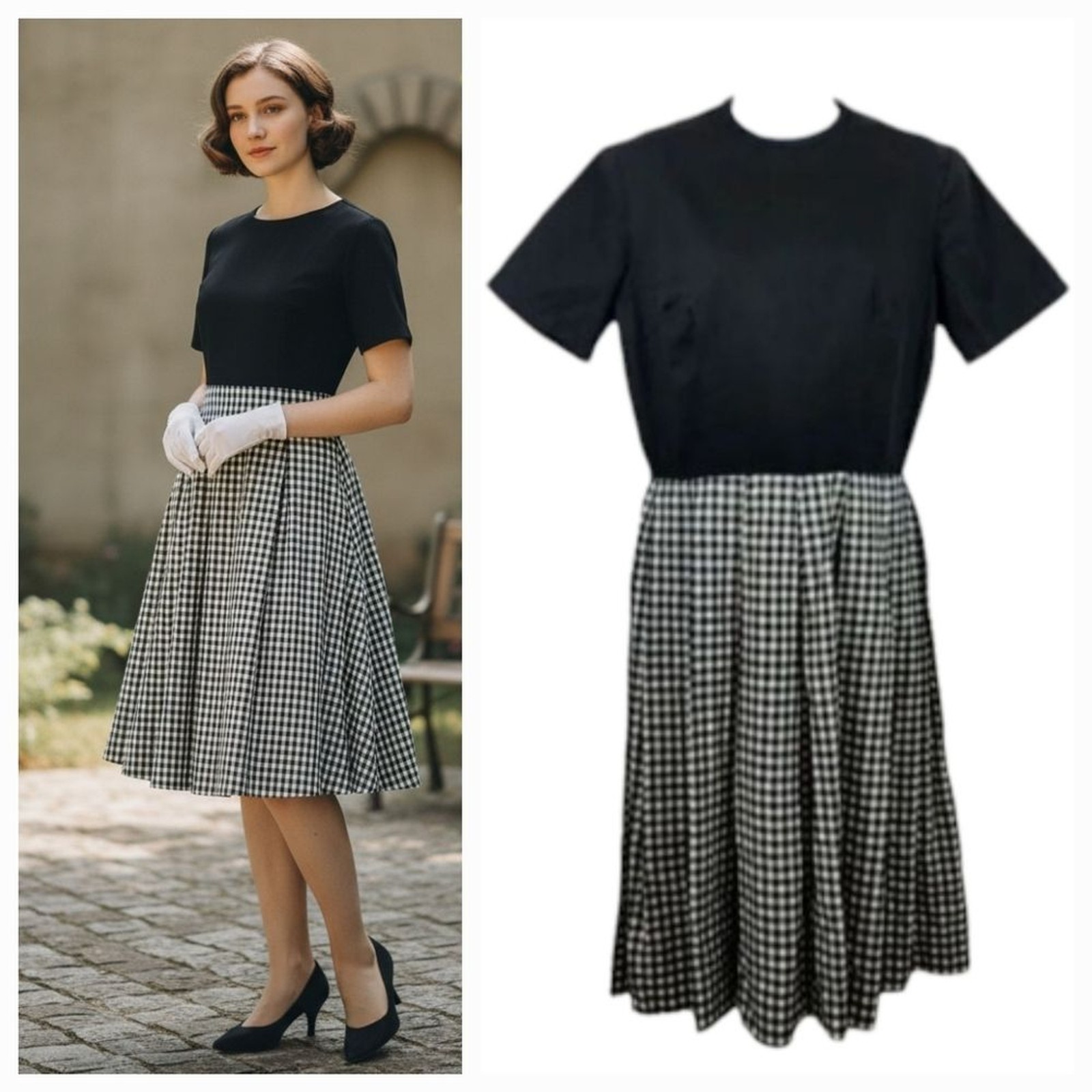 Vintage 50&rsquo;s 60&rsquo;s Handmade Gingham Fit and Flare in Black/White Dress Size Med