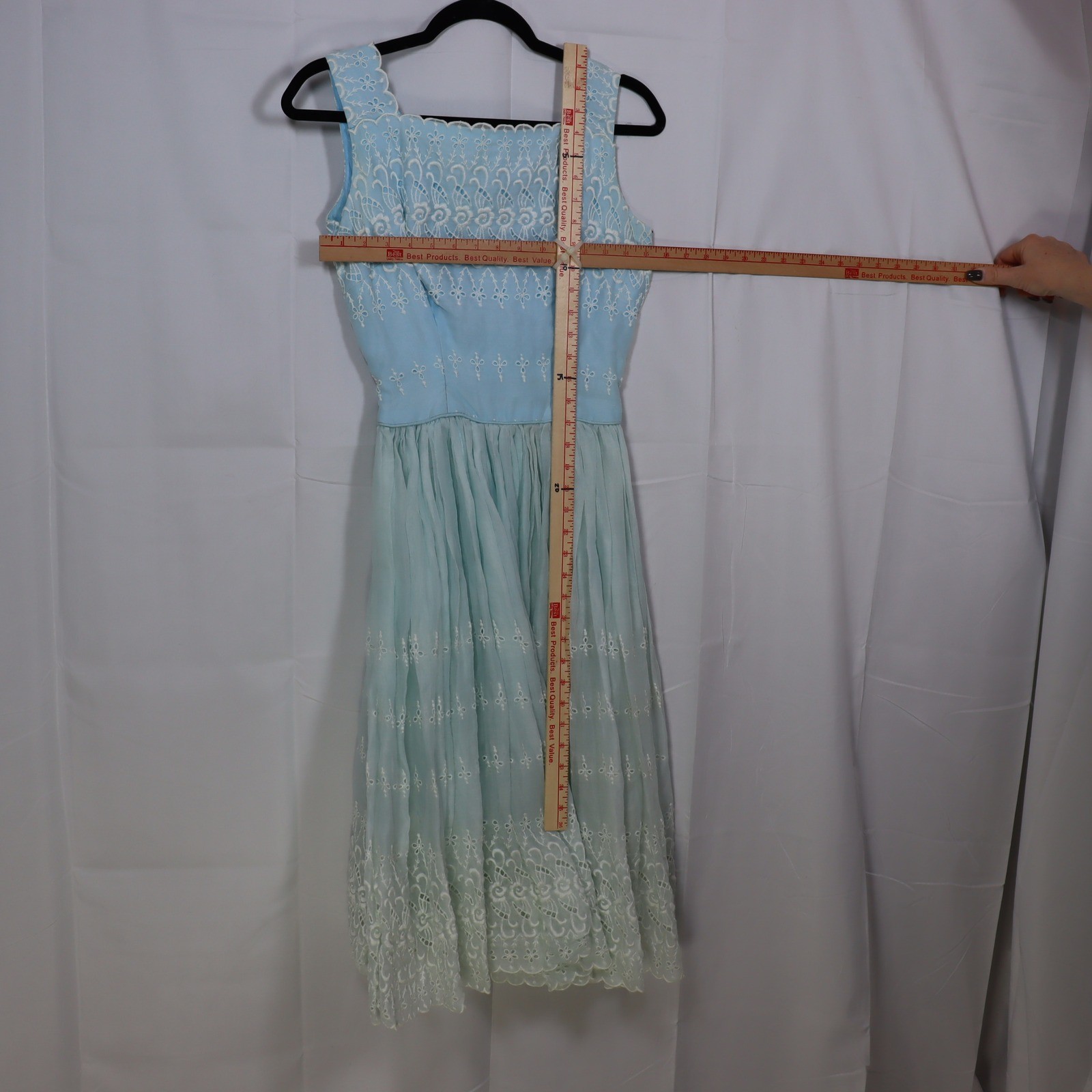 Vintage Eyelet Lace Midi Dress Womens XS Blue Embroidered Scalloped Tea Dress