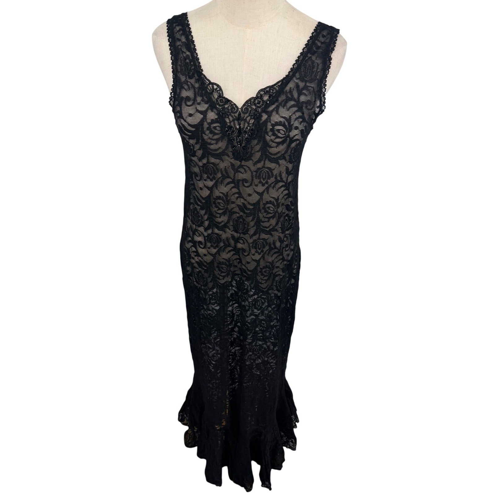 Frederick&rsquo;s of Hollywood Sheer Lace Dress Large Blk Beaded Maxi Mermaid Vintage