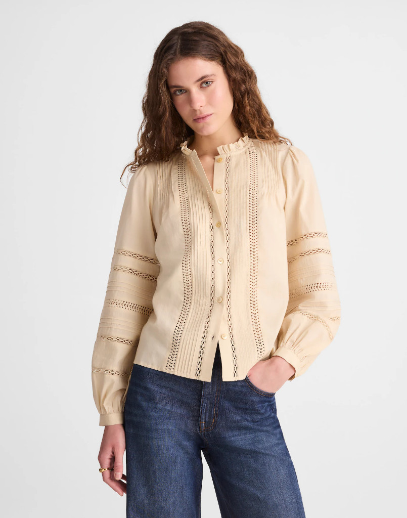 NWT Madewell Lace-Insert High-Neck Pintuck Top