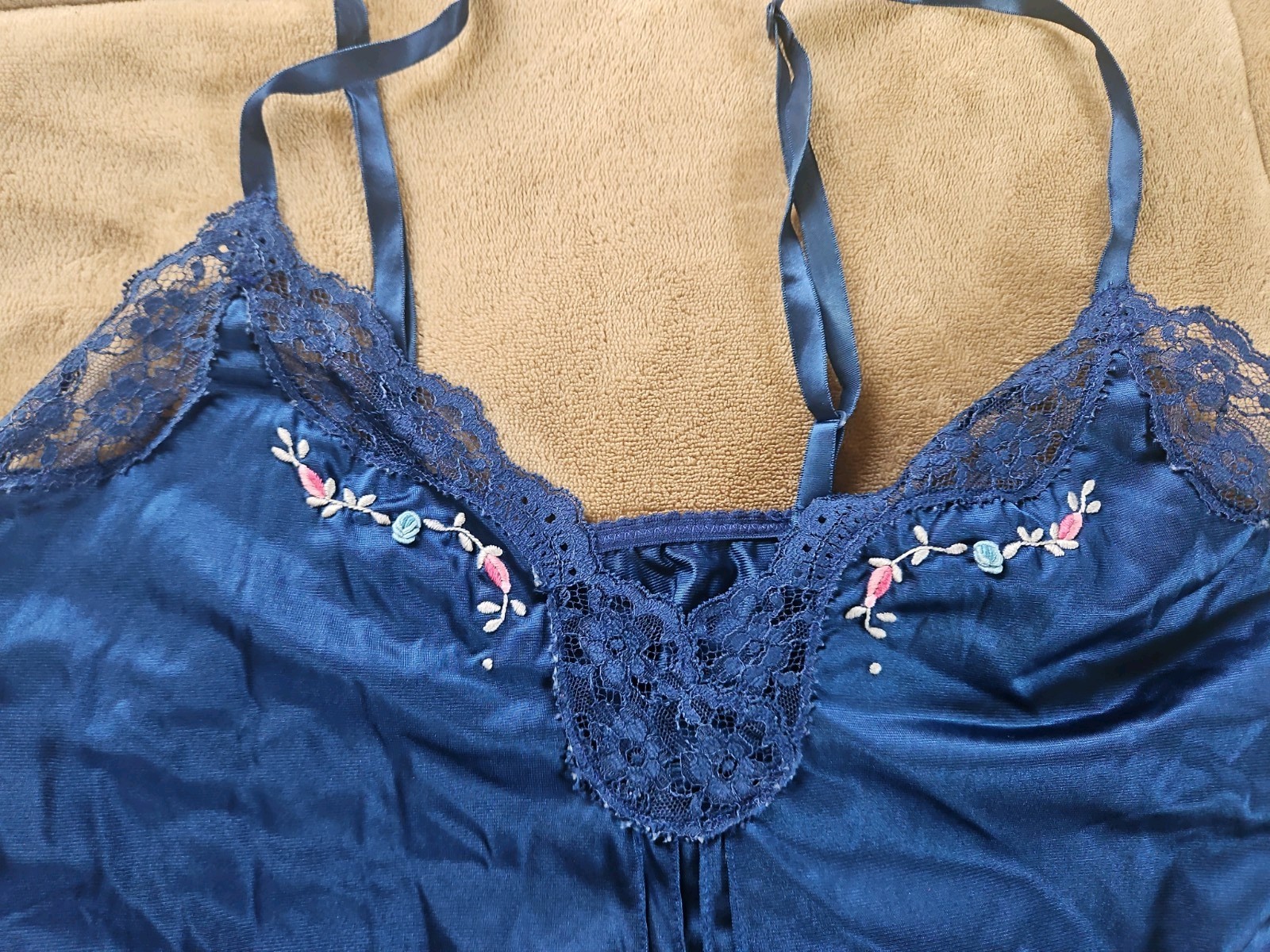 Vintage Windy Rose Satin Cami And Panty Set Size S / 6 Blue Floral Embroidery