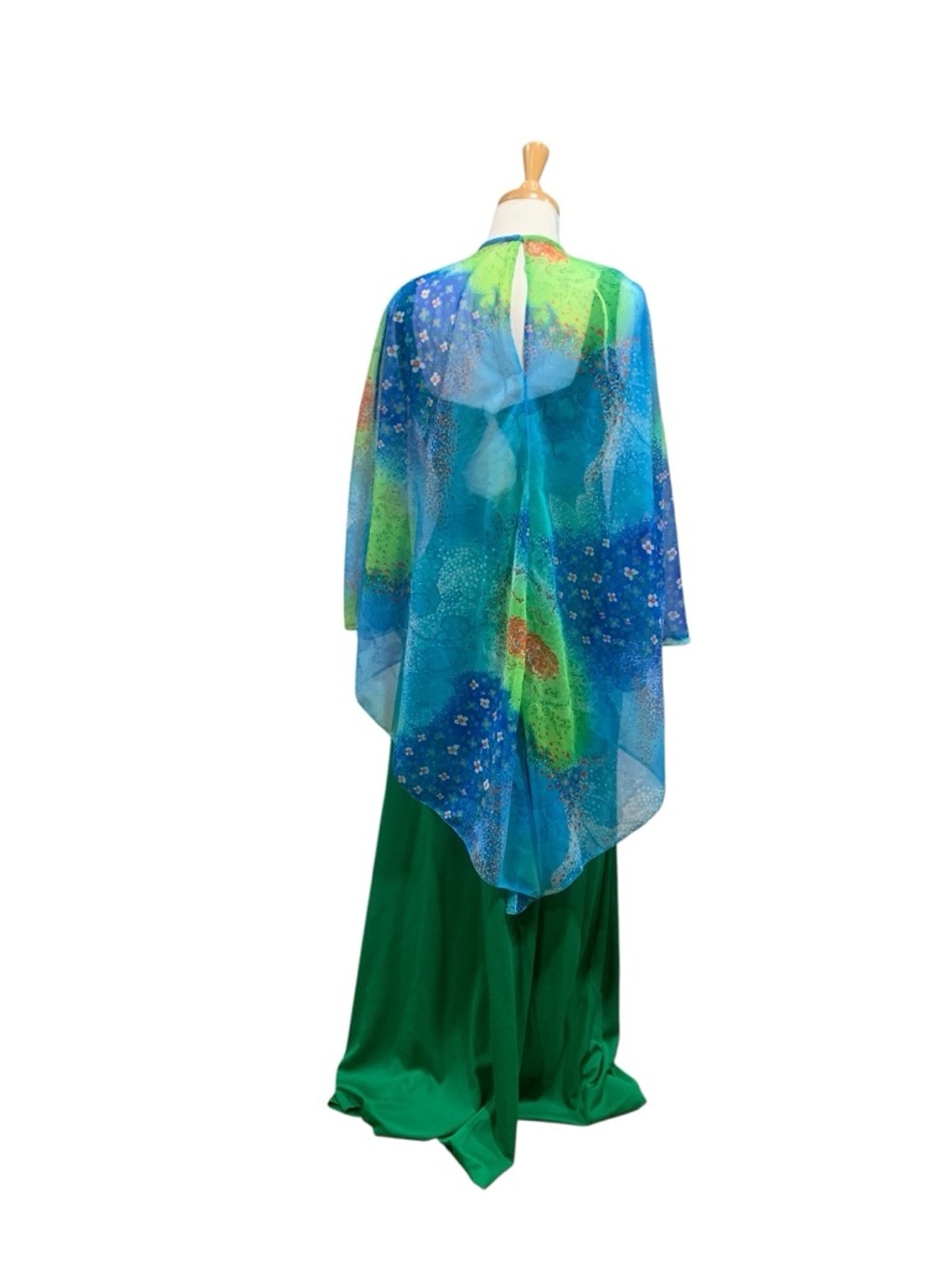 Vntg 60’s Unbranded Green & Blue Maxi floral/nature Cape Dress, Juniors 11