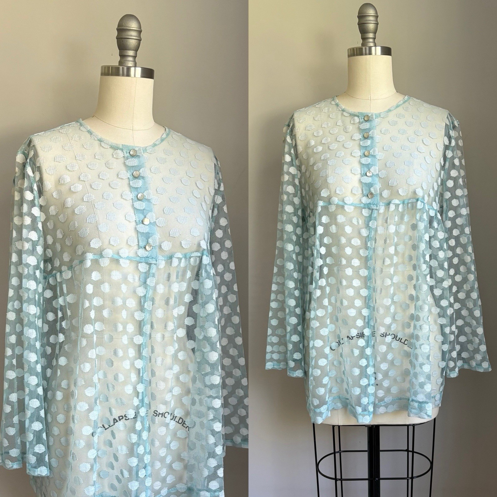 Vintage 60’s Catalina Baby Blue Mod Polkadot Lace Bell Slv Swimsuit Cover Up S/M