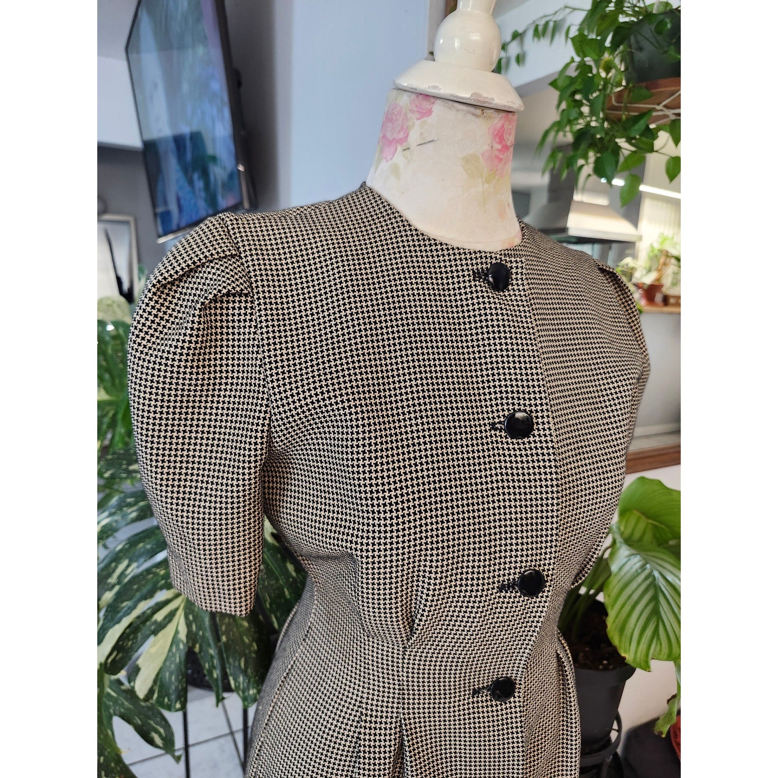 Vintage Jessica Howard Houndstooth Dress Petite Sz. 4 Black White 80s 90s Career