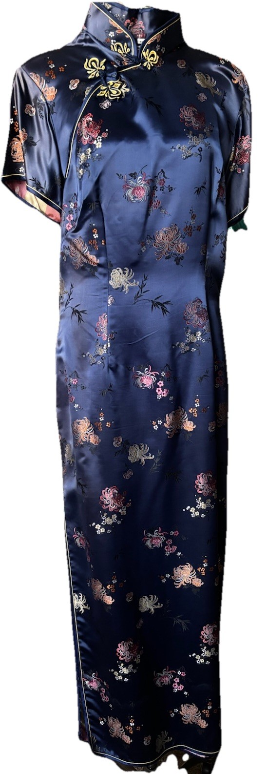 Vintage 60’s-70”s Solve Squirrel Chinese Cheongesam Qipao Satin Dress Navy Blu