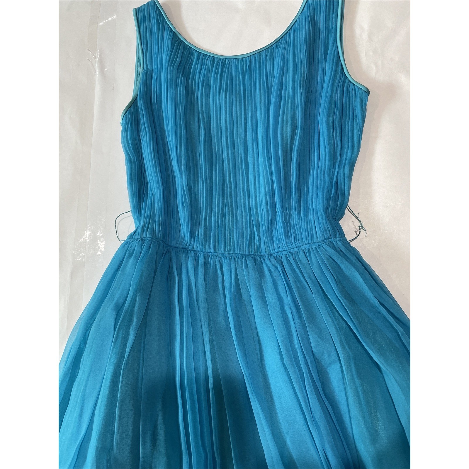 Vintage 50s 60s Chiffon Dress Prom Party Aqua Turquoise Waist 24 (SEE FLAWS
