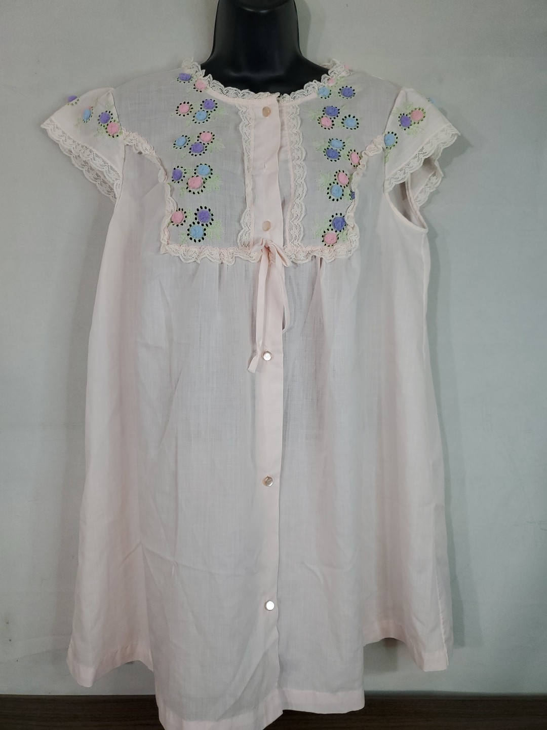 Vtg Gilead Peignoir Floral Embroidered Pompom Pink Cottagecore Nightgown Medium