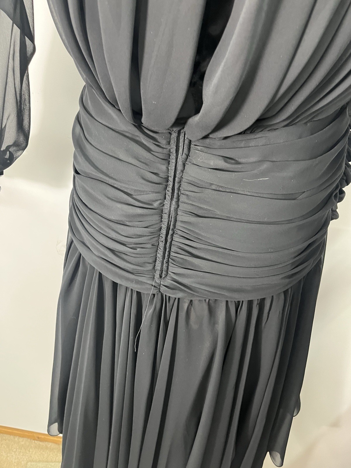 Vtg 80s Tadashi Black Dress Party Cocktail Ruched Chiffon Handkerchief Hem Sz 16