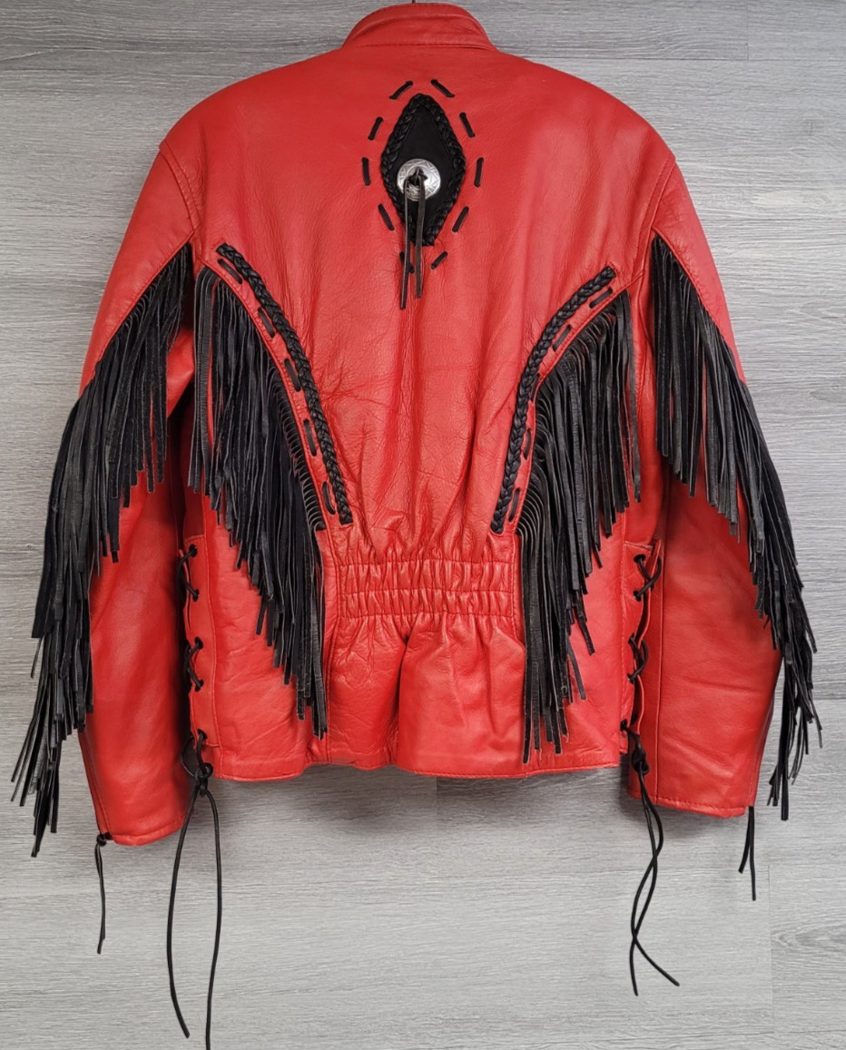 WOMENS VINTAGE LEATHER MOTORCYCLE JACKET UNIK RED FRINGE LACE UP WESTERN LARGE