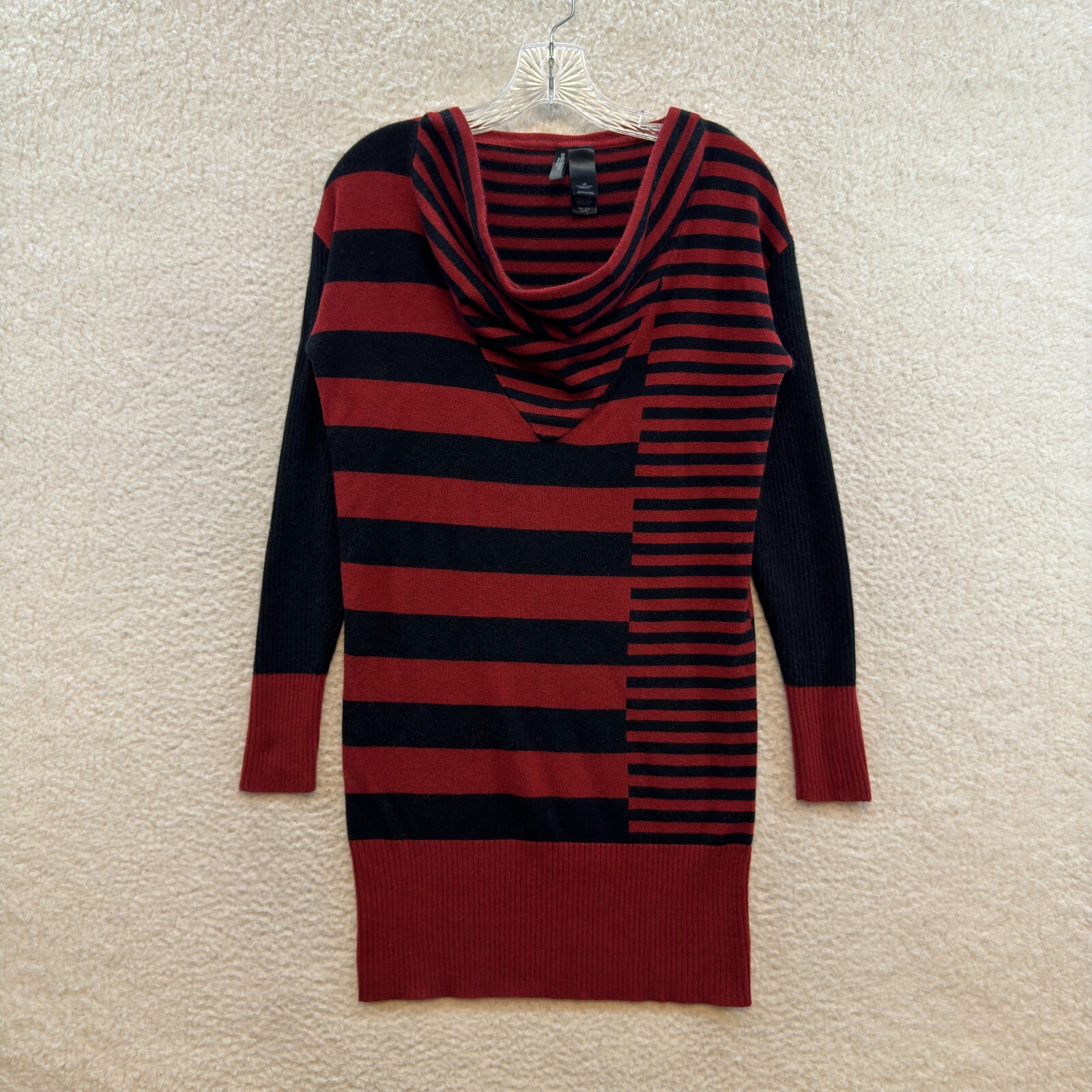 Y2K Vintage Bisou Bisou Sweater Dress L Large Red Striped Cowl Neck Long Sleeve