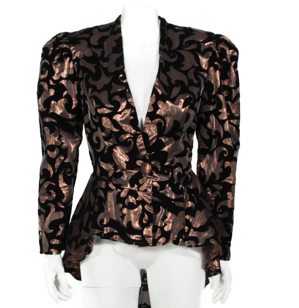 Vtg 80s L.A. Glo Black Velvet Metallic Copper Puff Sleeve Peplum Jacket 9/10 960