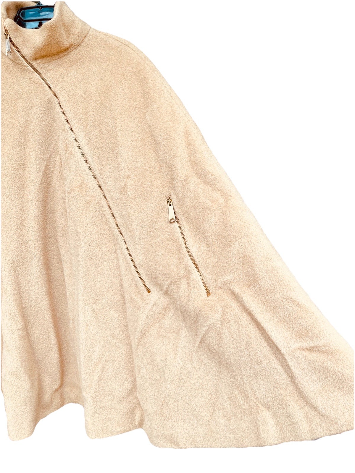 50s 60s Saks 5th Ave Wool Midi Cape Coat VTG Camel Hi Collar Front Zip