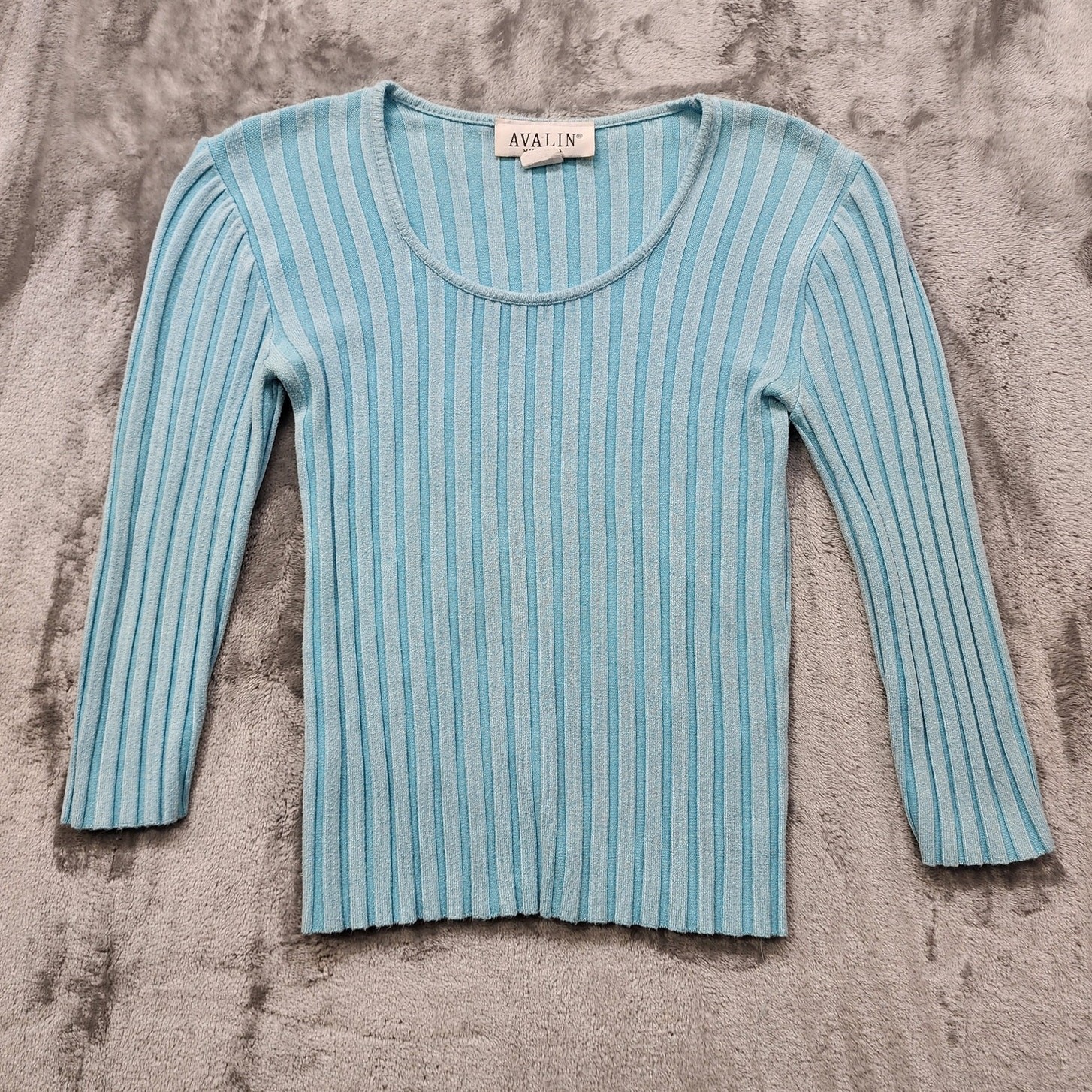 Vintage 90s Avalin Sweater Womens L Blue Ribbed Scoop Neck 3/4 Sleeve Stretch