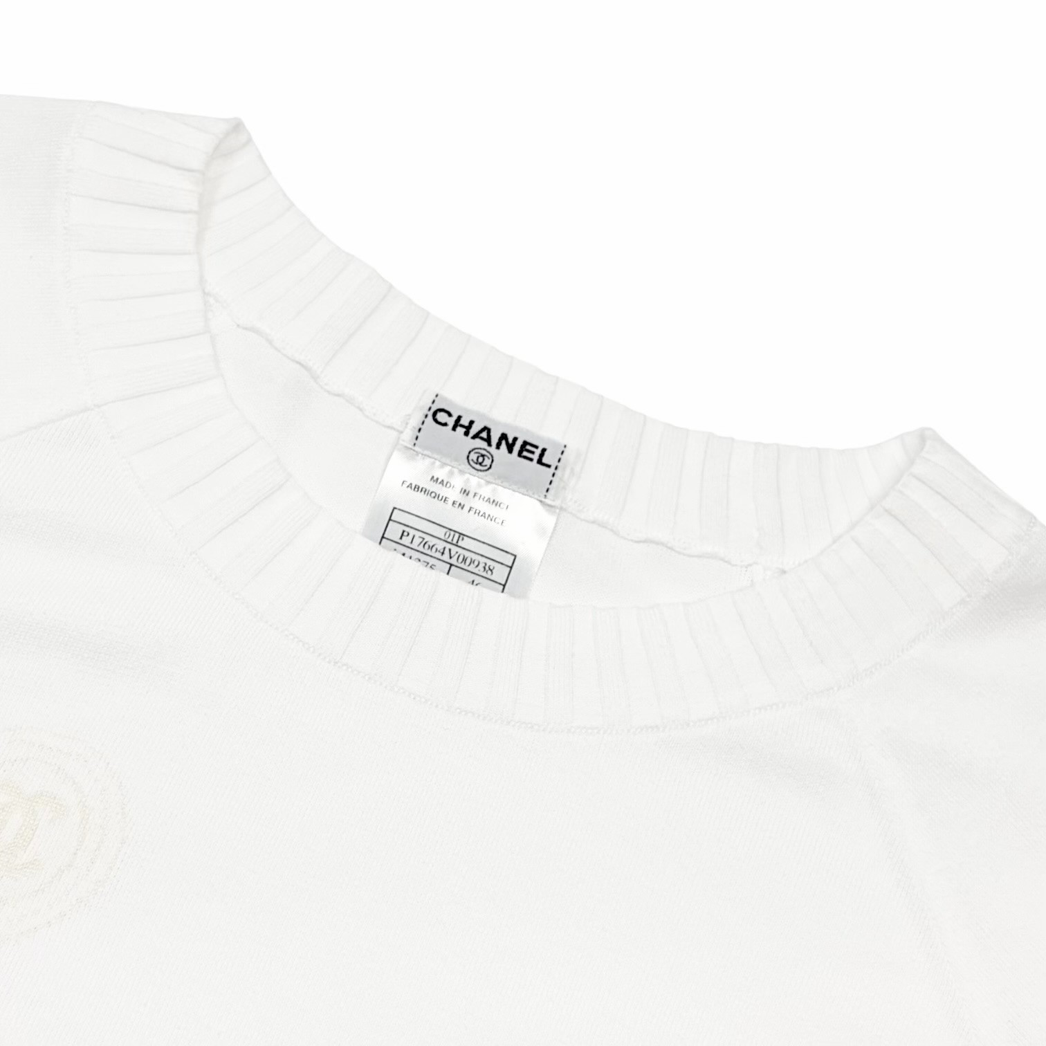 CHANEL Vintage 01P CC Logo Stamp Knit Sweater Top #46 White Pullover 902032