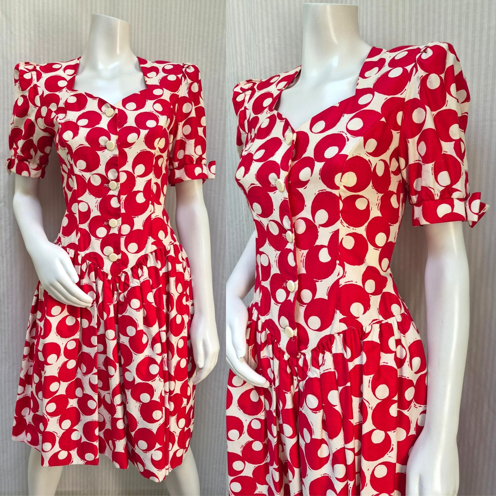 Vintage 1980s DAVID WARREN New York Red White Dot Dress – Size S