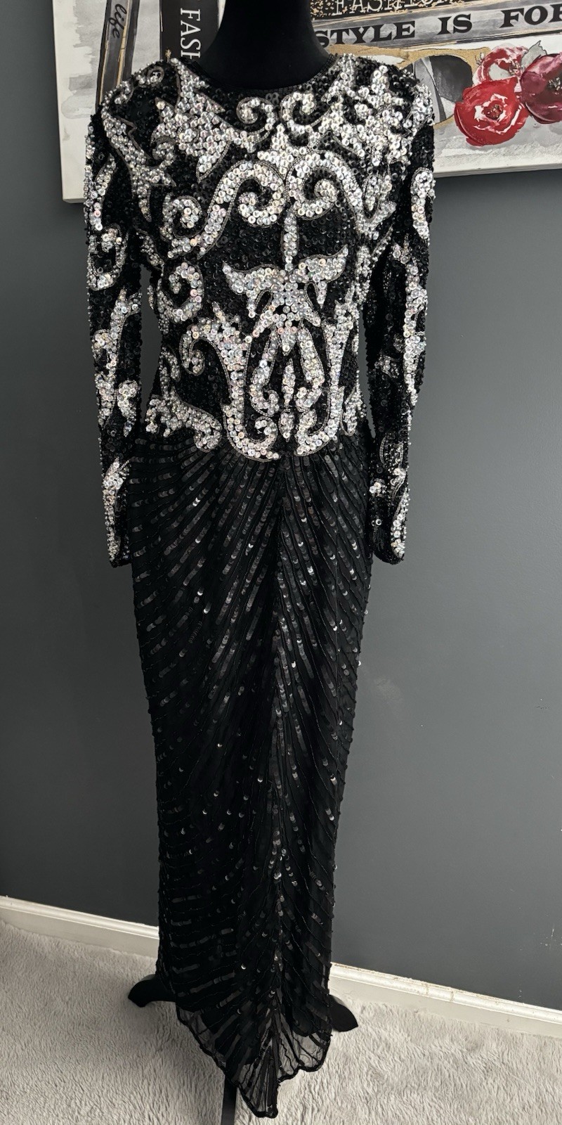 Swee Lo Vintage Dress 100% Silk Blk Slv Sequin Beaded Gown Sz 10