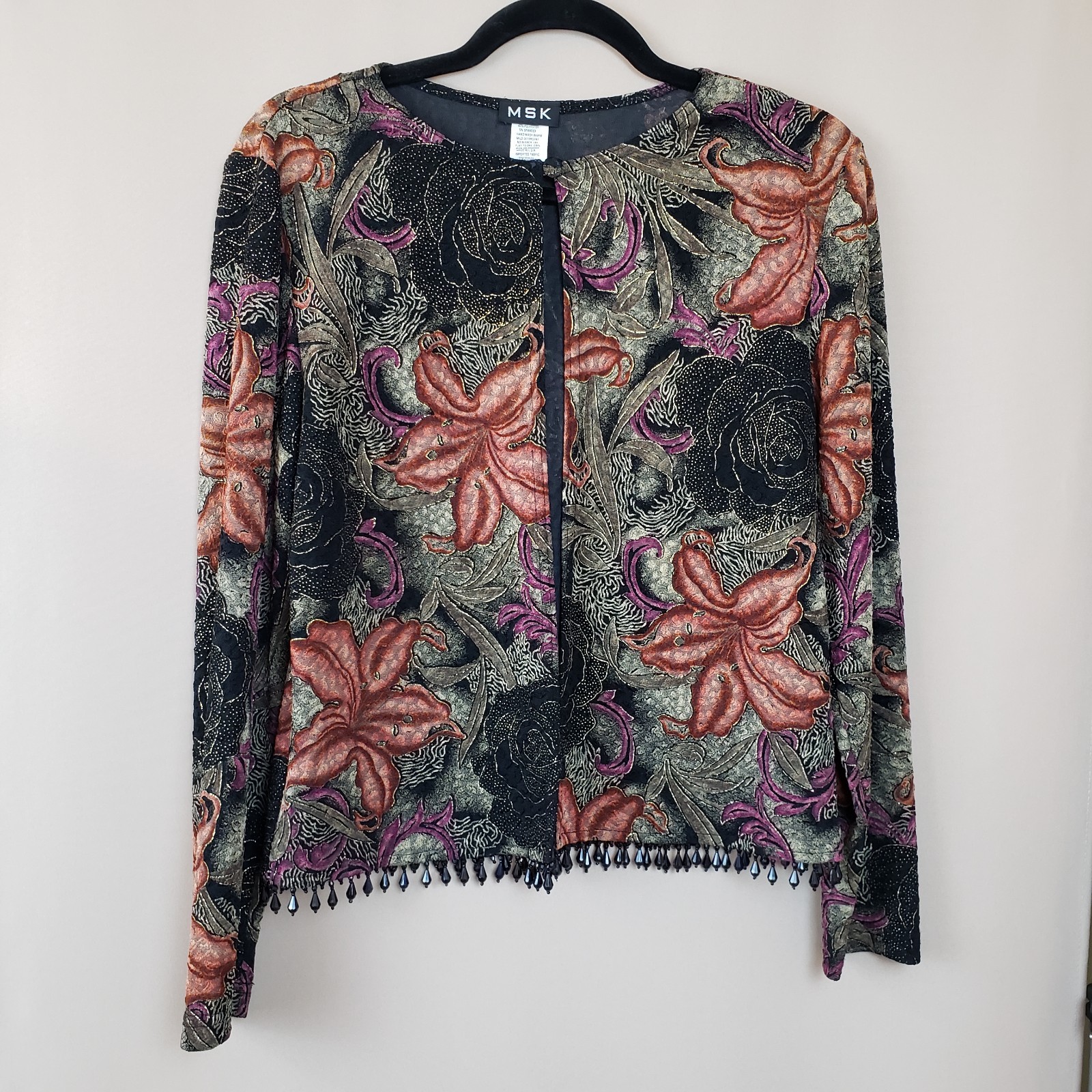 Vintage 90s Evening Jacket Sz S Art 2 Wear Dark Floral Mesh Beads Gold Sparkle