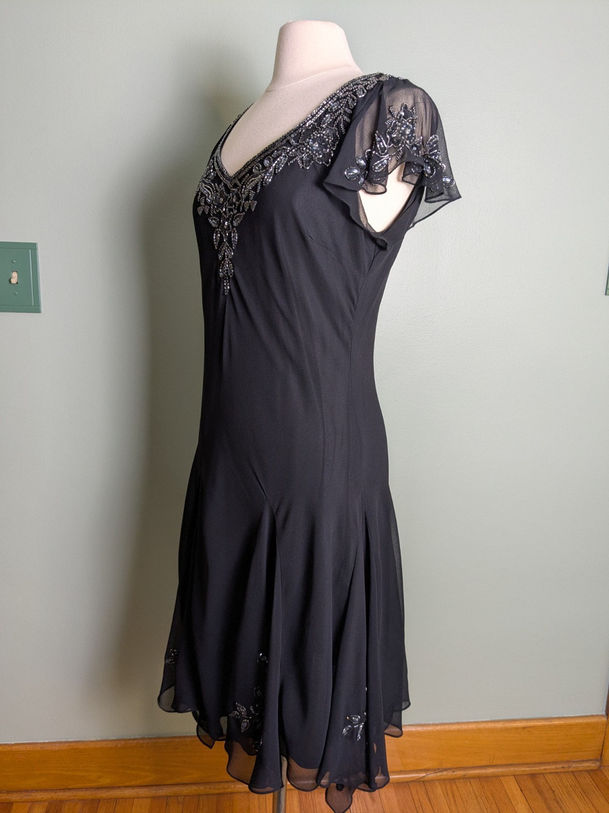 Old Hollywood Inspired Beaded Black Flowy Slip Dress