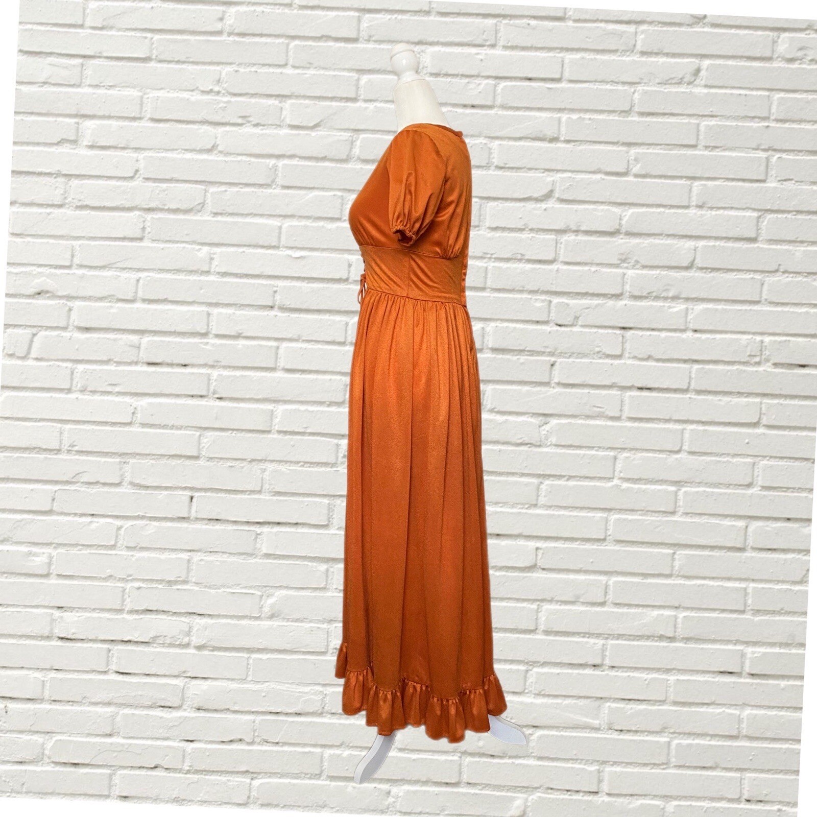 Vintage 60s70s Maxi Corset Dress Copper Ruffle Hem Metallic Dress Xs Hippie