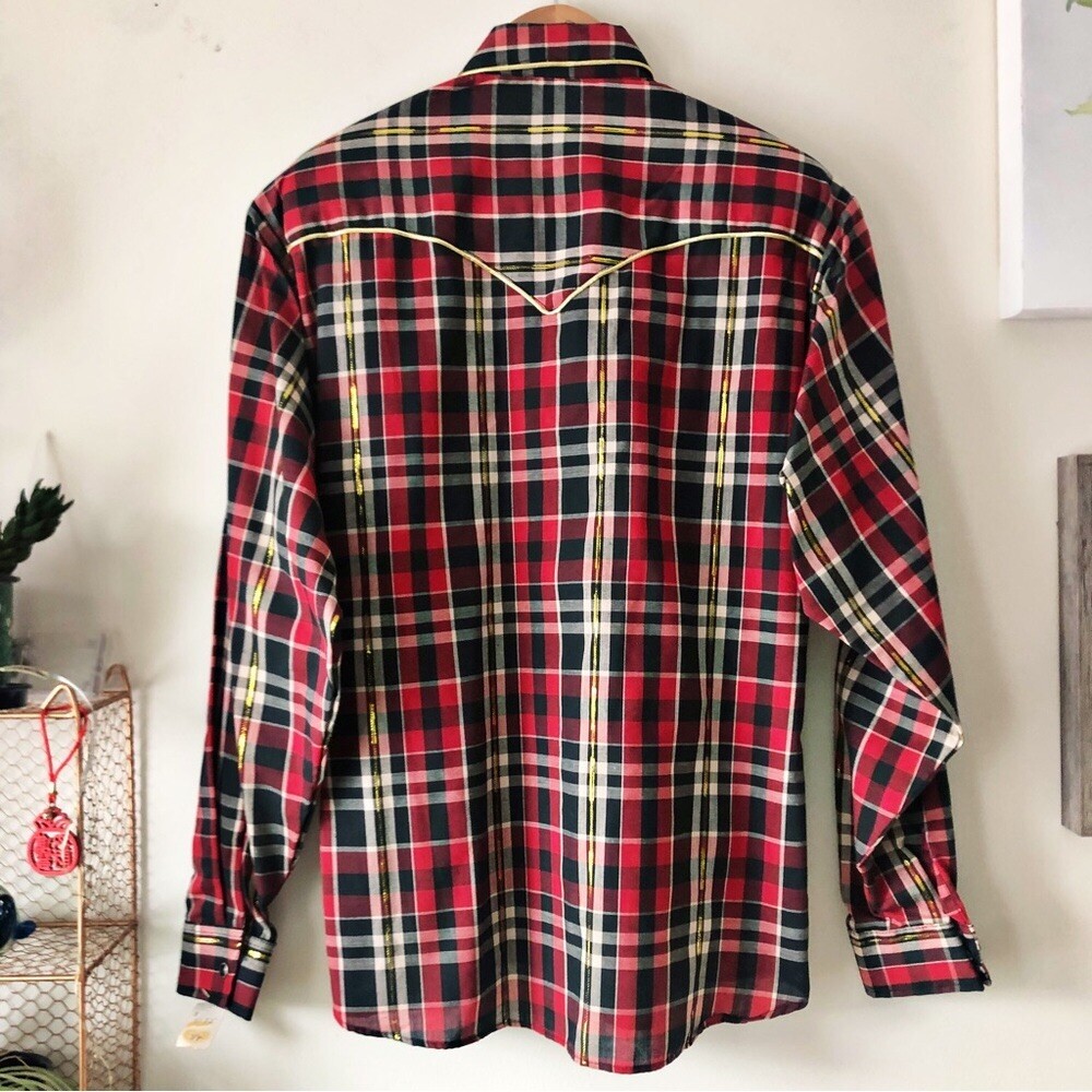 80s Kenny Rogers Western Plaid Button Down Piped Yoke Rodeo Chic Pearl Snap Sz M