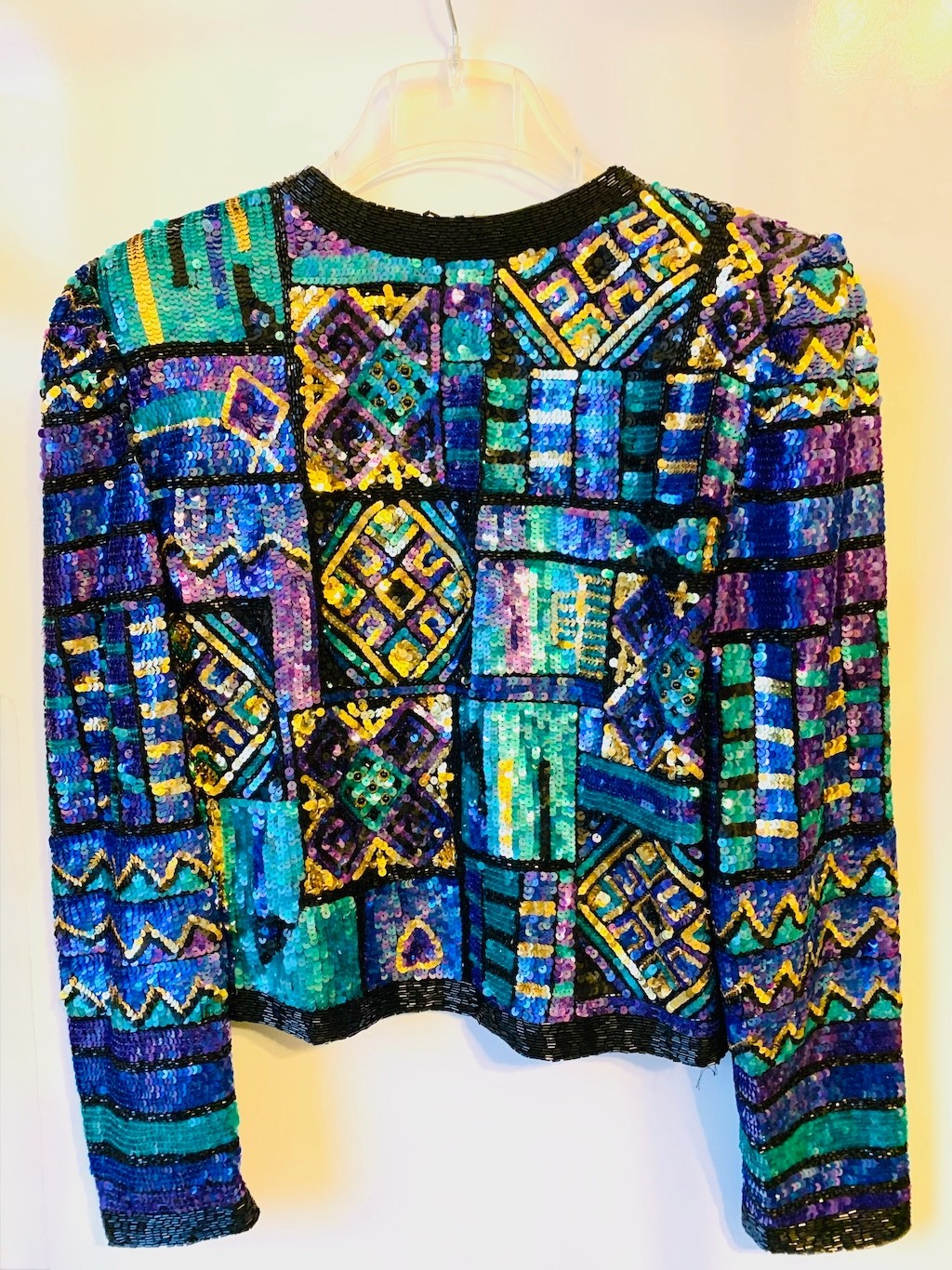 Vintage Jacket Lawrence Kazar Blue Green Silk Sequin Beaded Festival Party SMALL
