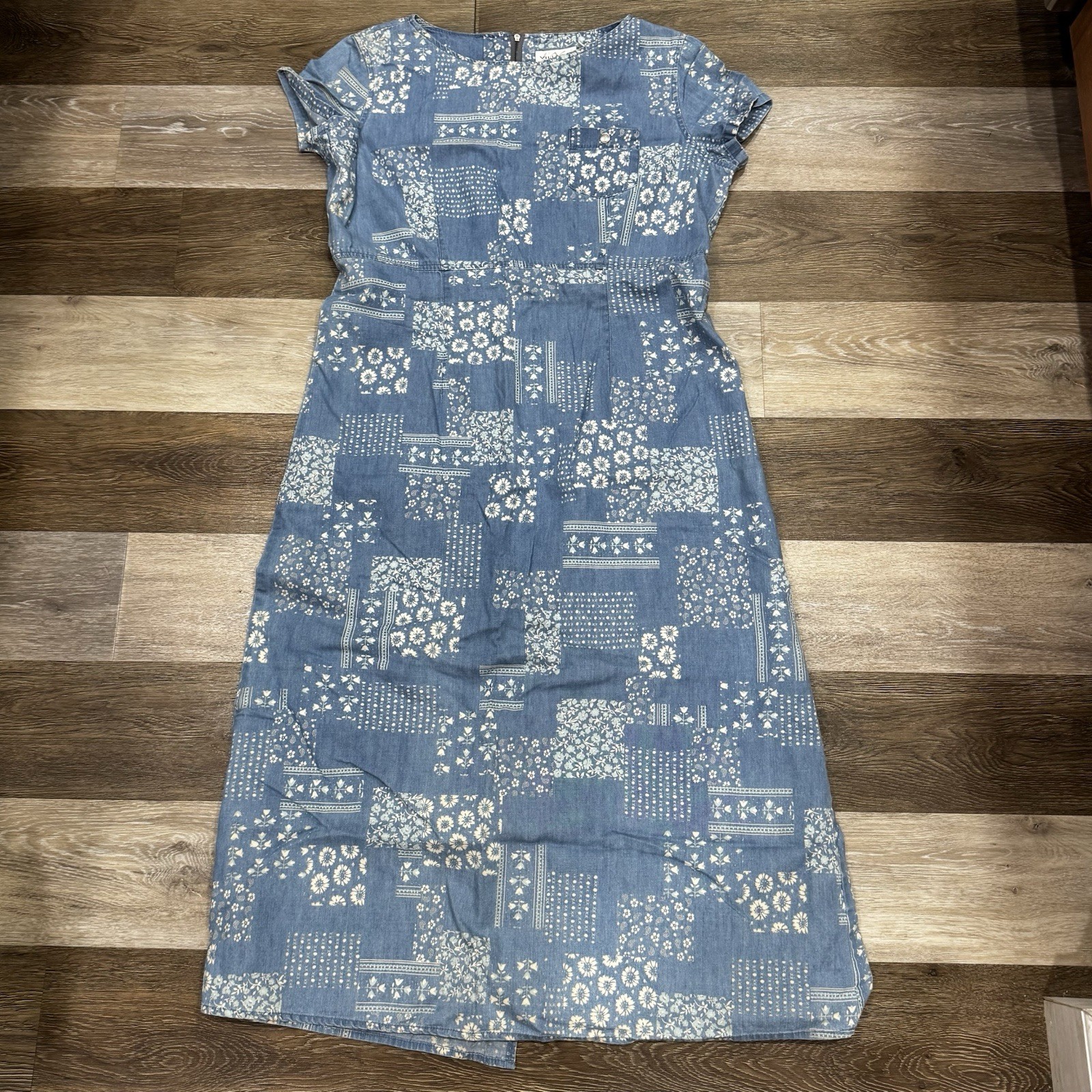 Villager Sport Liz Claiborne Maxi Dress Sz 14P Blue Denim Patchwork Short Sleeve