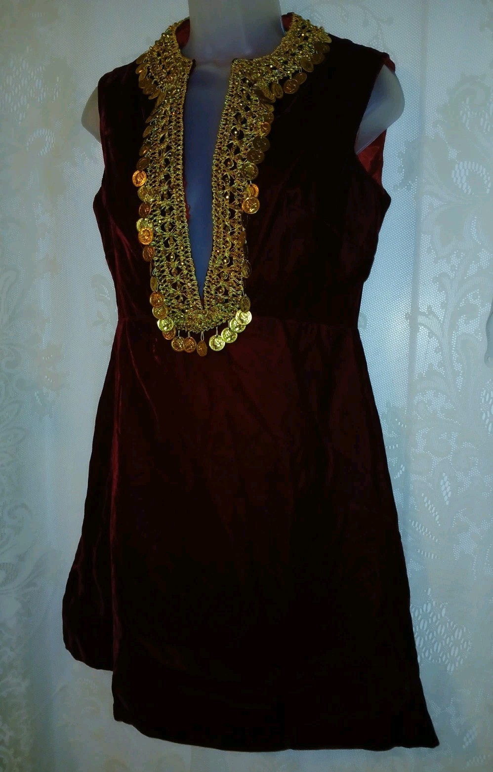 Vintage 60s Renaissance Revival Red Velvet Gold Brocade Coins Tunic Mini Dress