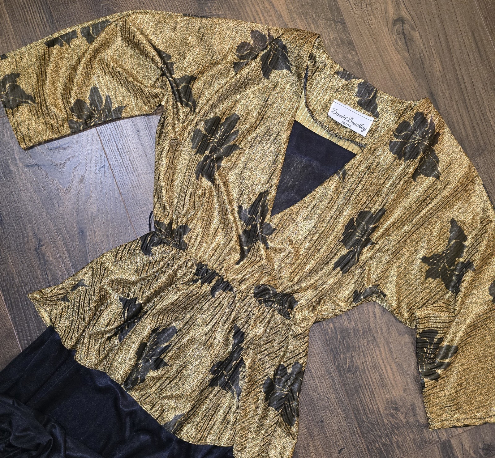 Vintage 80s Gold Metallic Peplum Wrap Back Dress David Bradley Small Glam Rock