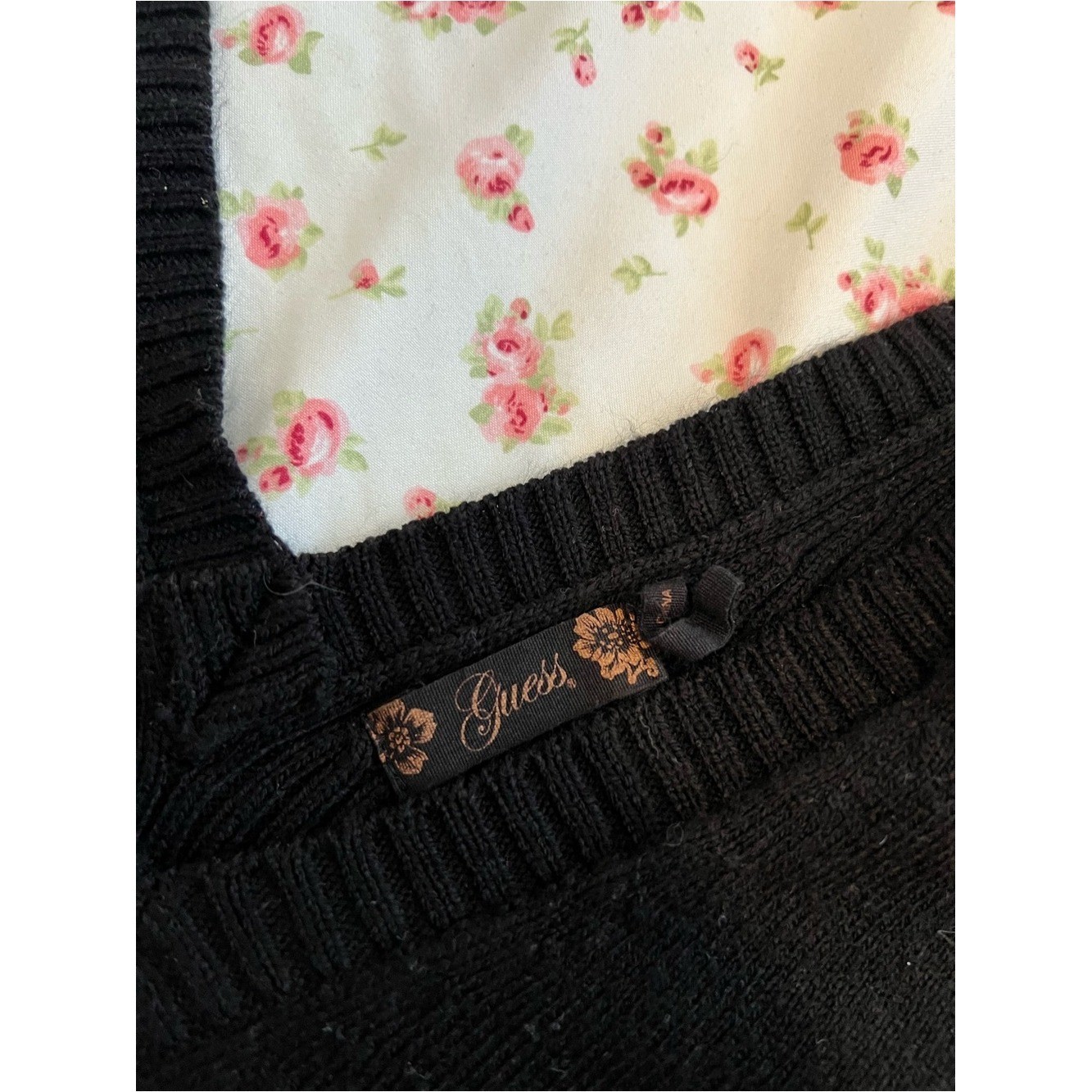 vintage guess black rhinestone long sleeve fitted sweater babydoll top