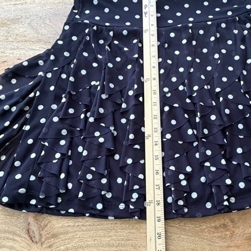 Vtg INC Polka Dot 2Pc Tank & Tiered Mini Skirt Navy Blue Ivory Ruffle Mesh S/M