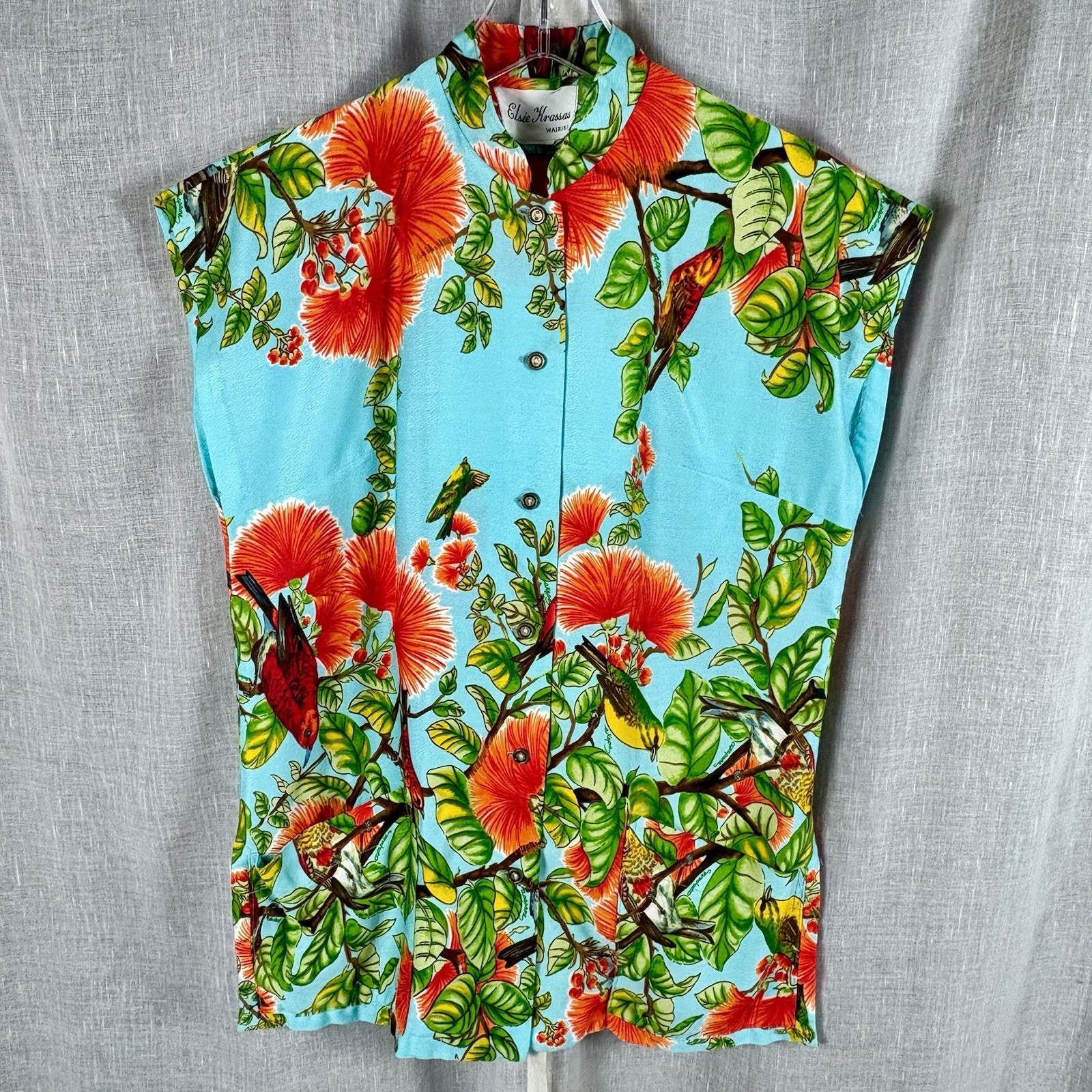 Vintage 60s Elsie Krassas Hawaiian Dress Shirt Barkcloth Tiki O Tea Timer M L