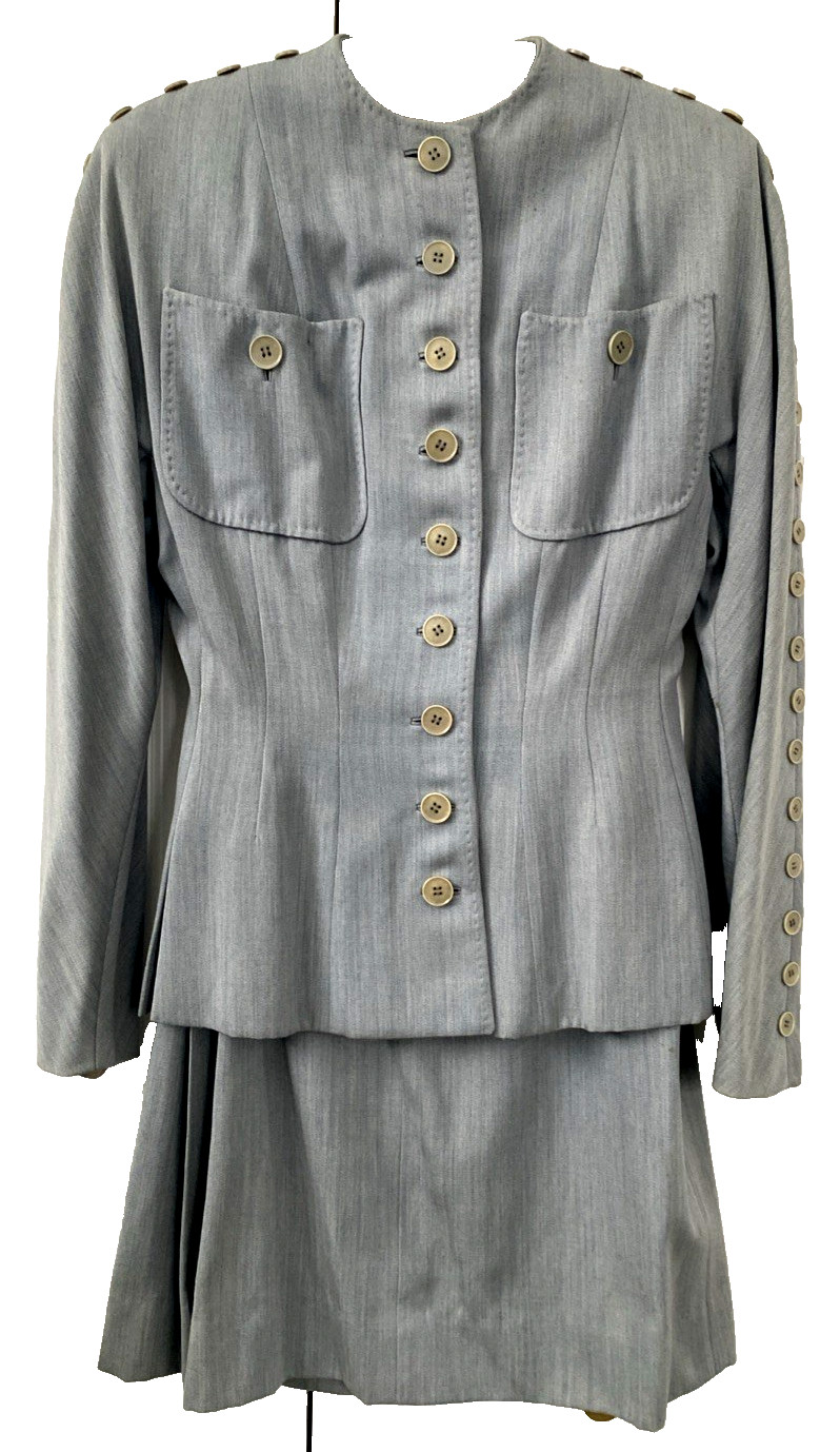 1940s Vtg Swansdown Gray Wool 2 Pc Suit Button Jacket & Skirt Nipped Waist OOAK