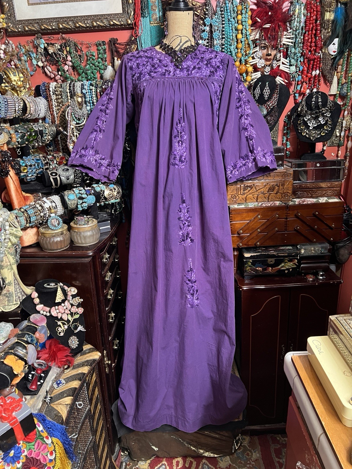 Gorgeous 1970s Oaxaca Mexico Purple Long Sleeve Dress Multi Embroidery M
