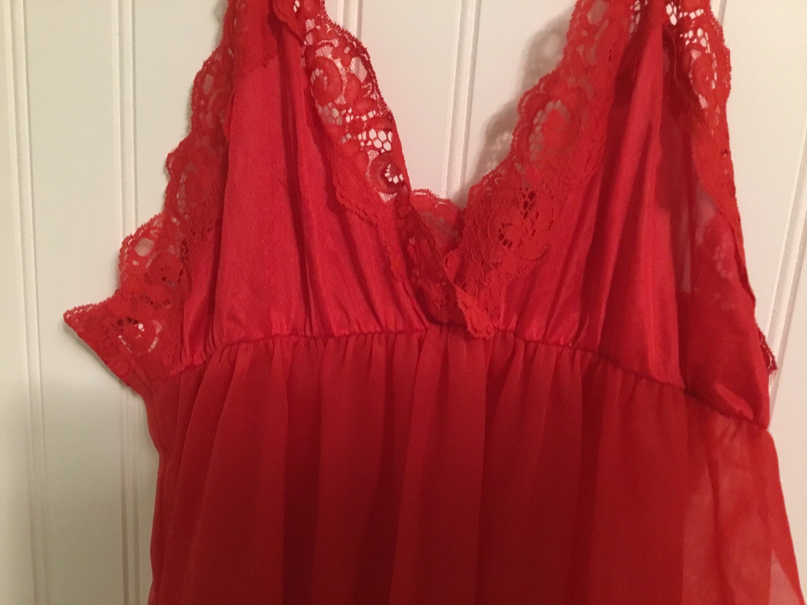 Vintage J.C. Penney Size Large Red Sleeveless Nightgown Nylon Sheer Lace Accents