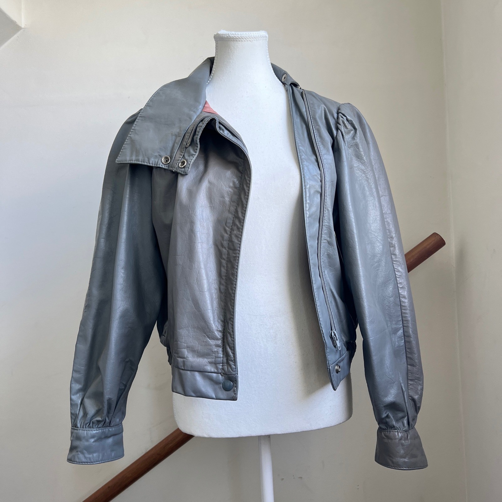 Vintage 80s Leather Jacket Small Gray Stand Collar Funnel Neck Retro Avant Garde