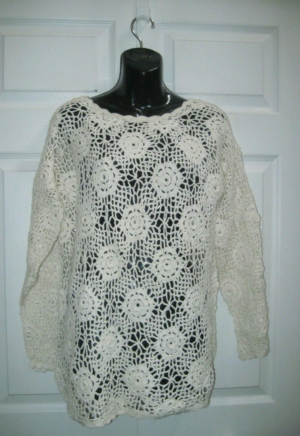 Reference Point Women&rsquo;s Medium VINTAGE Ivory Crochet Knit Top Long Sleeves